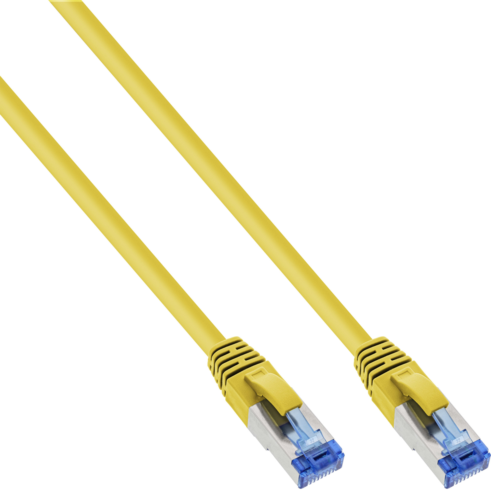Deux câbles Ethernet jaunes. Extrémités bleues du connecteur.