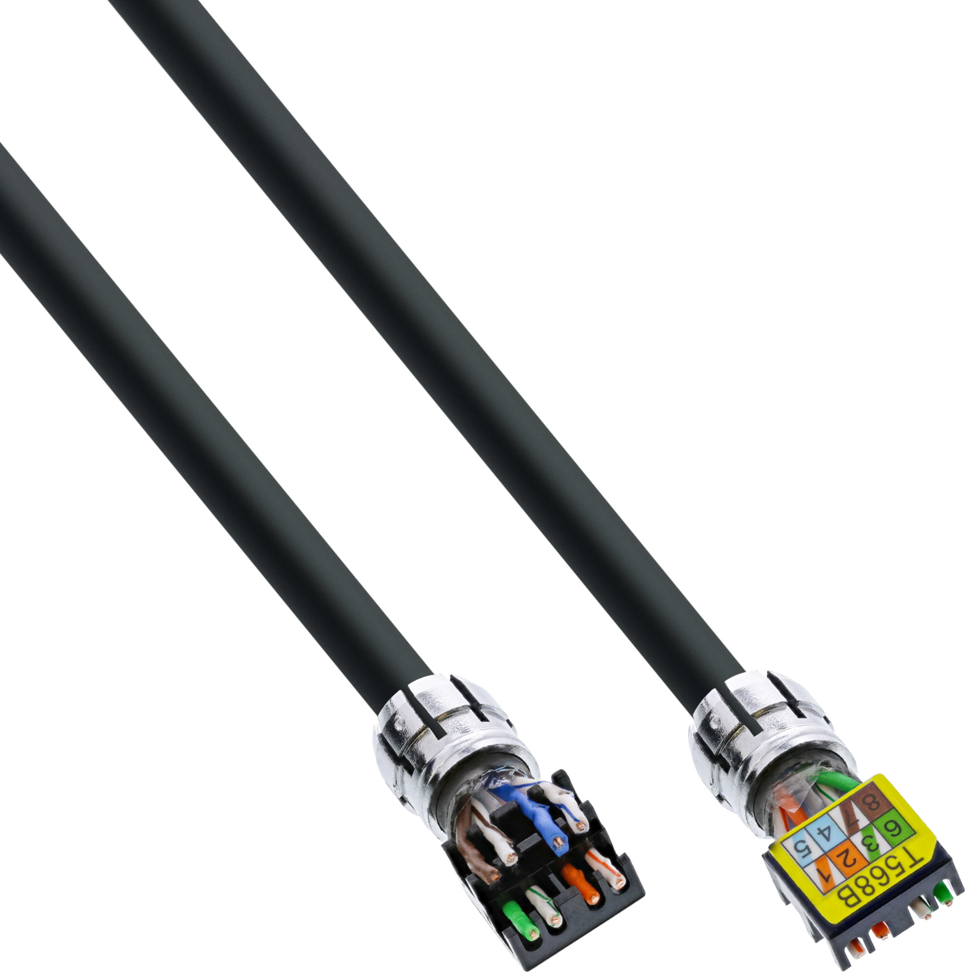 Schwarzes Kabel mit Anschlüssen. Die Drähte und die Farbcodierung sind sichtbar.