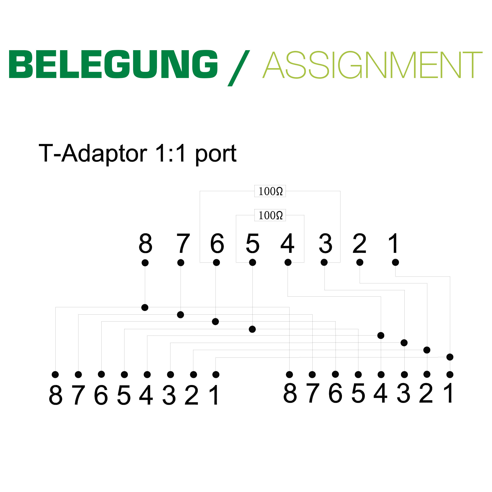 Ein schematisches Diagramm eines T-Adapters 1:1 Port mit nummerierten Anschlüssen.