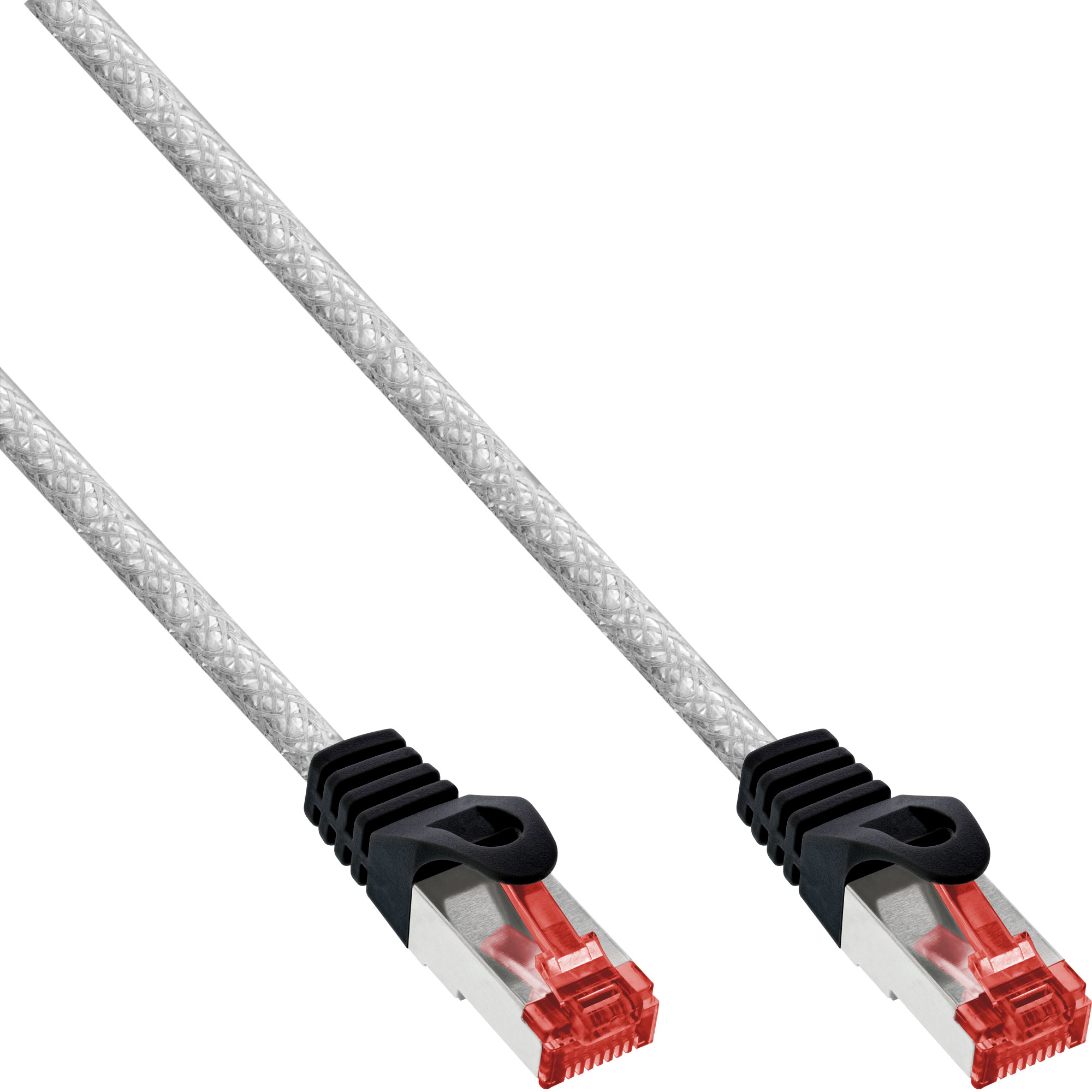 Twee grijze ethernetkabels met rode connectoren tegen een witte achtergrond.