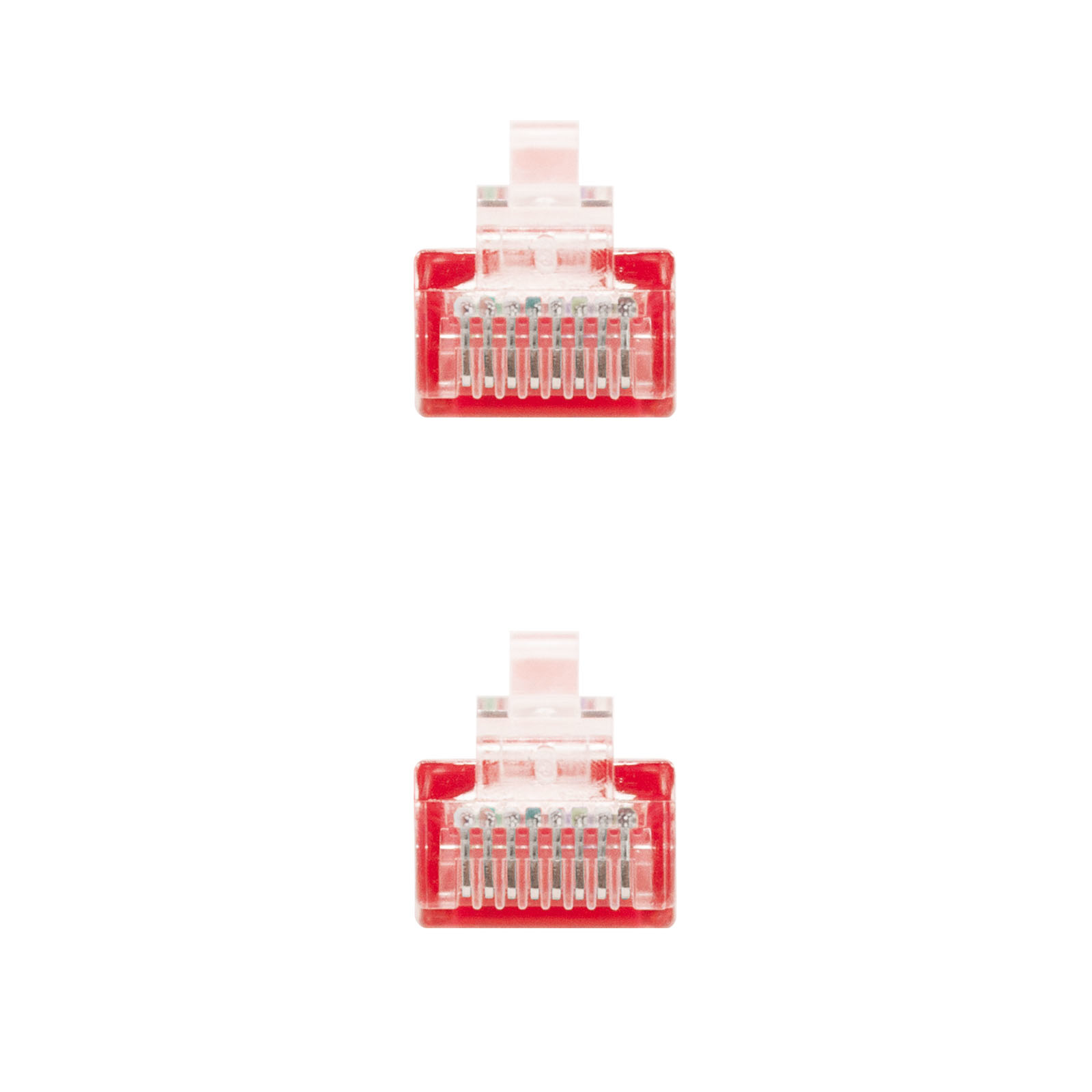 Twee rode RJ45-connectoren. Transparante plastic behuizing met zichtbare metalen contacten. Witte achtergrond.
