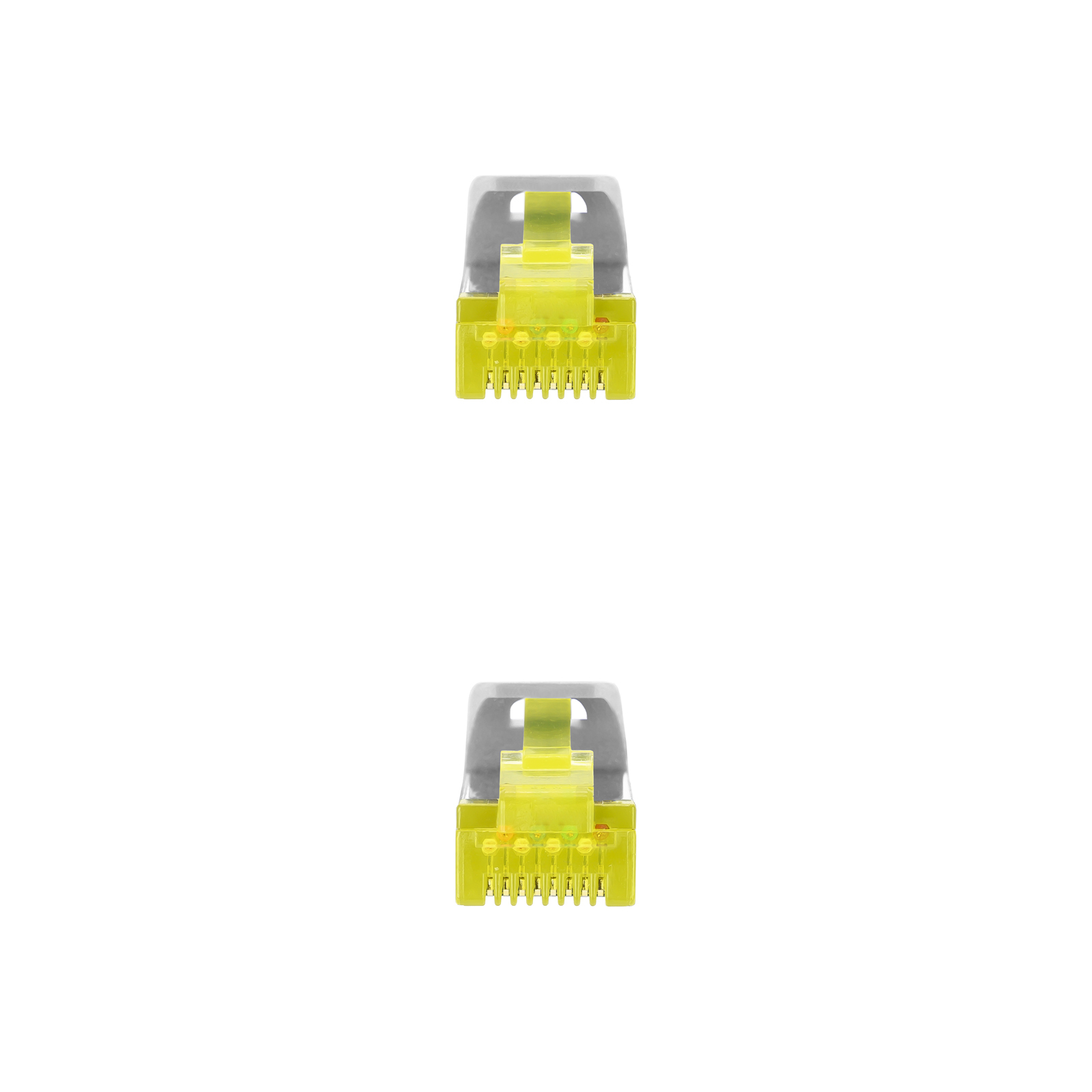 Twee close-ups van een gele ethernetconnector. De connectoren zijn open en tonen de pinnen.