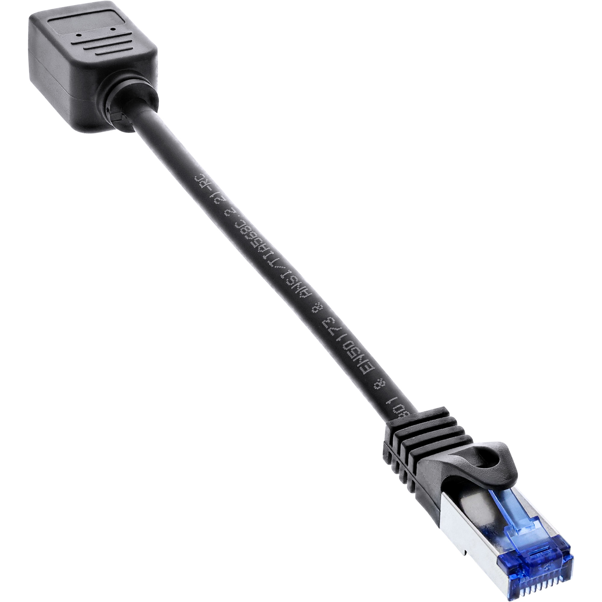 Zwarte netwerkkabel met zwarte connectoren en blauw uiteinde.