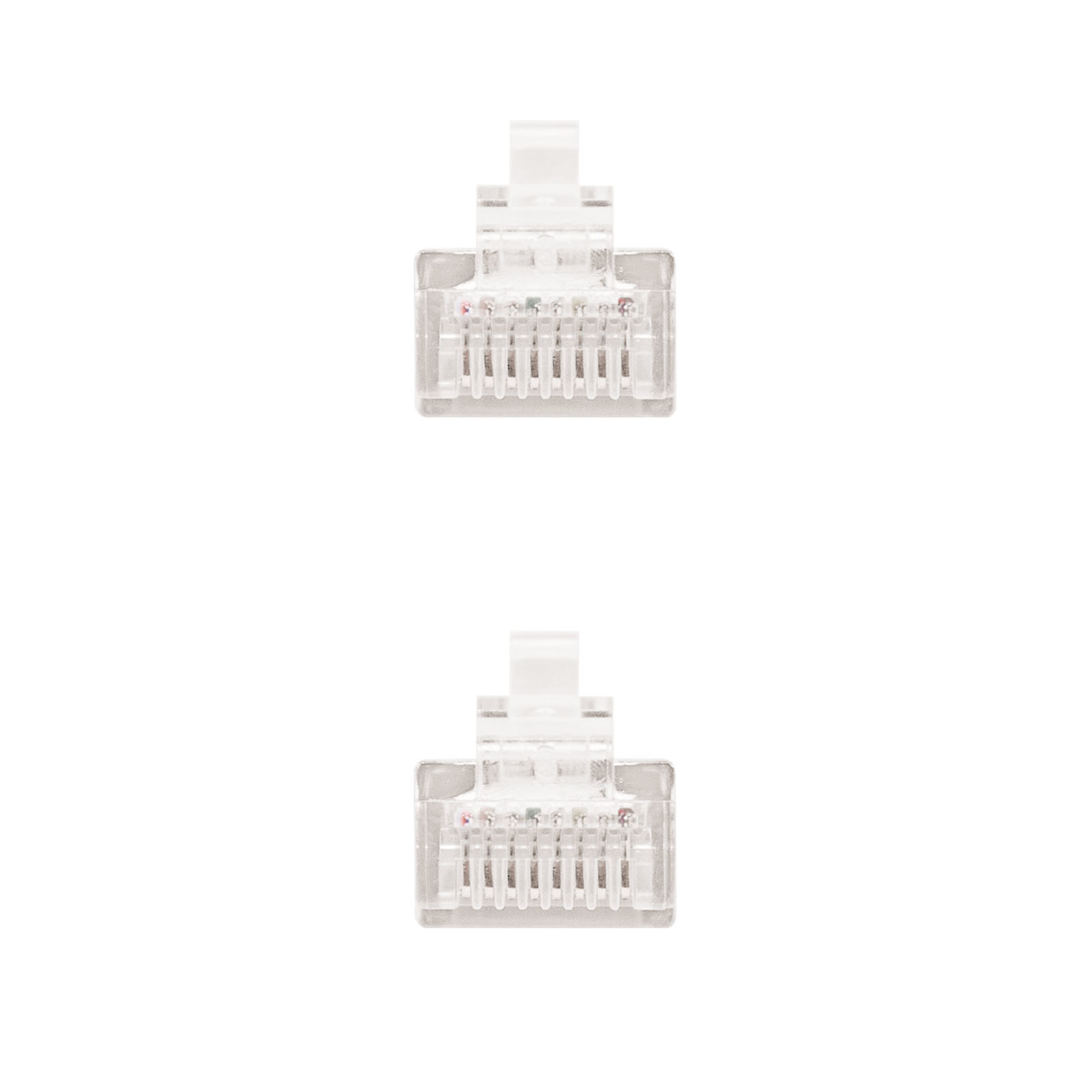 Twee transparante RJ45-connectoren op een witte achtergrond.