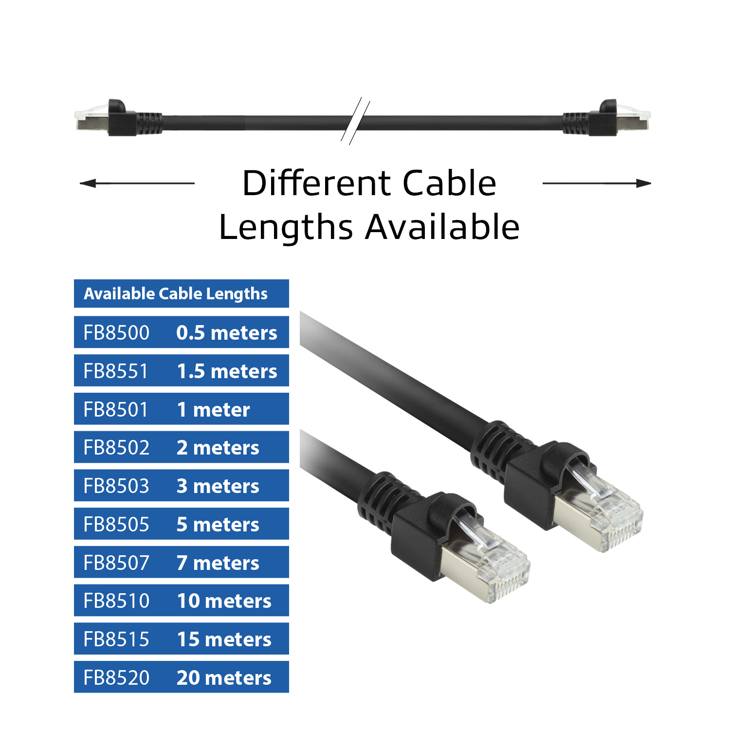 Zwarte Ethernet-kabels met RJ45-connectoren. Verschillende lengtes zijn beschikbaar, zoals links vermeld.