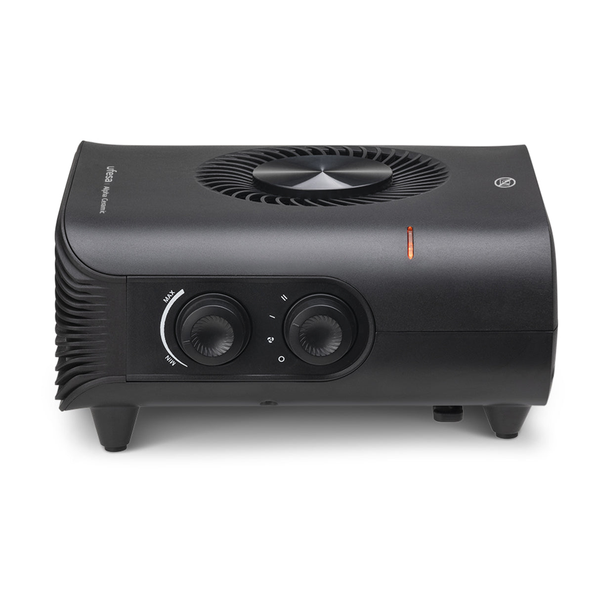 Czarny oczyszczacz powietrza z pokrętłami i otworami wentylacyjnymi. Z przodu ma czerwone światło.