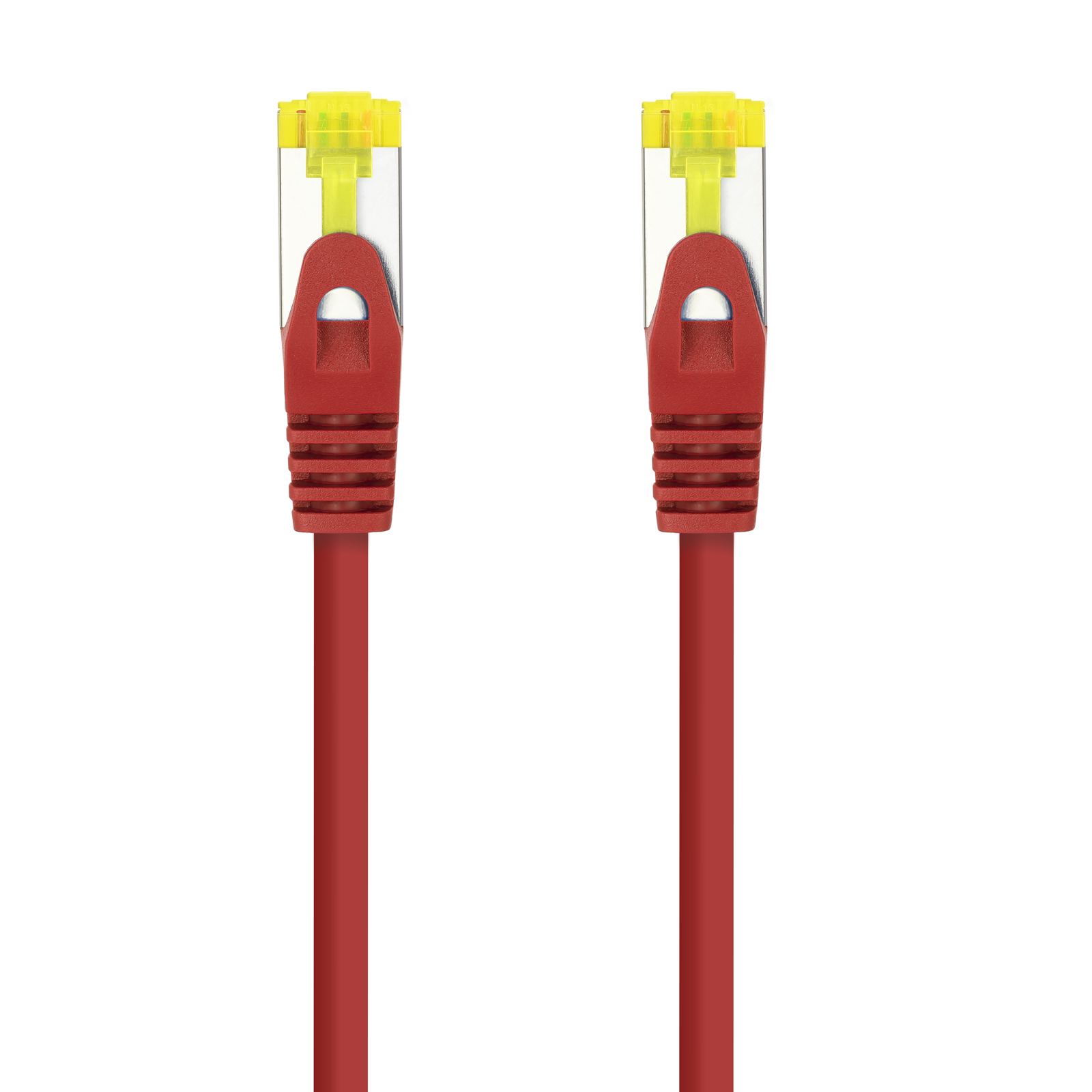 Due cavi ethernet rossi con connettori RJ45 gialli, su sfondo bianco.