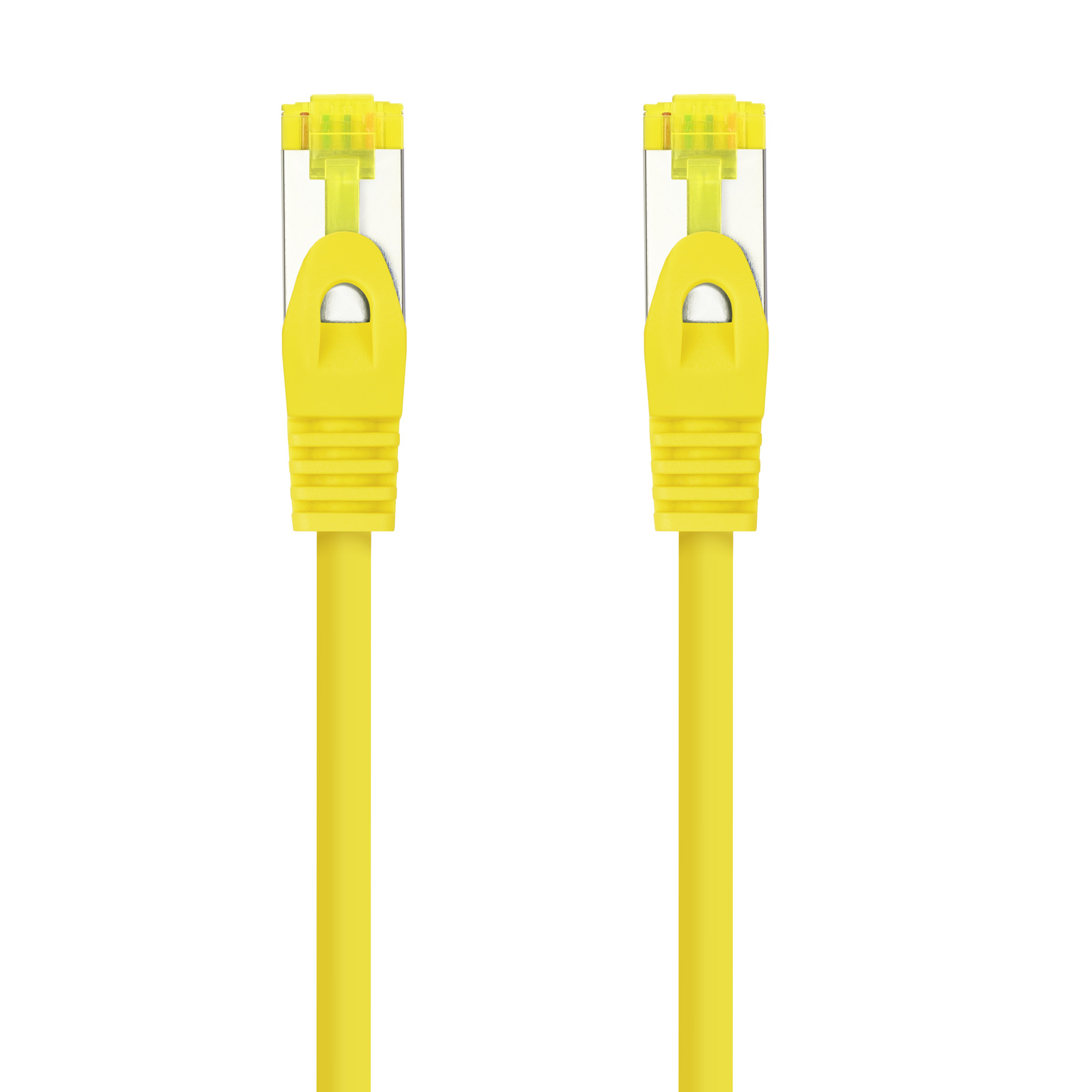 Two yellow ethernet cables, with yellow connectors. The connectors are plugged and ready to use.