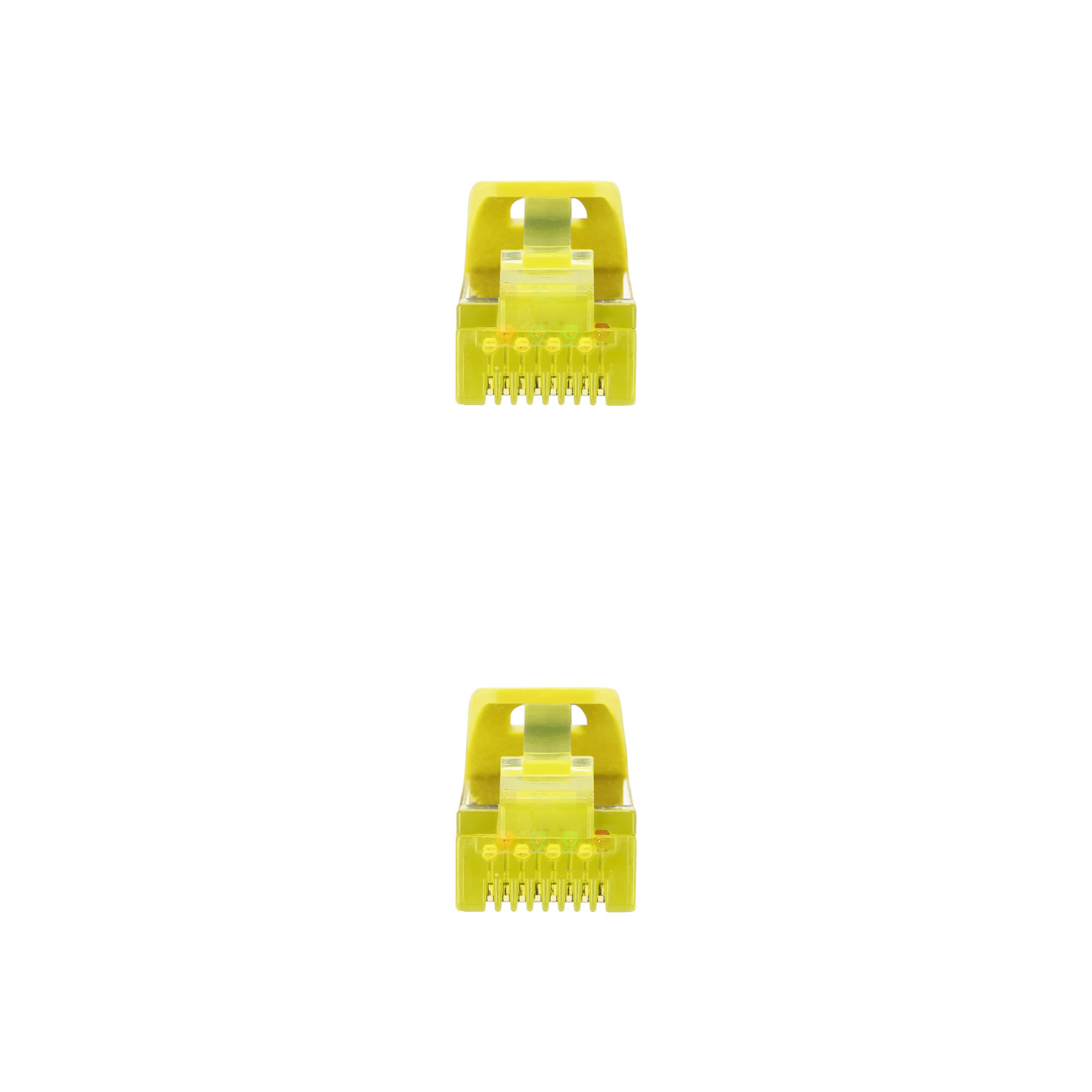 Two yellow RJ45 connectors, facing up, on a white background.