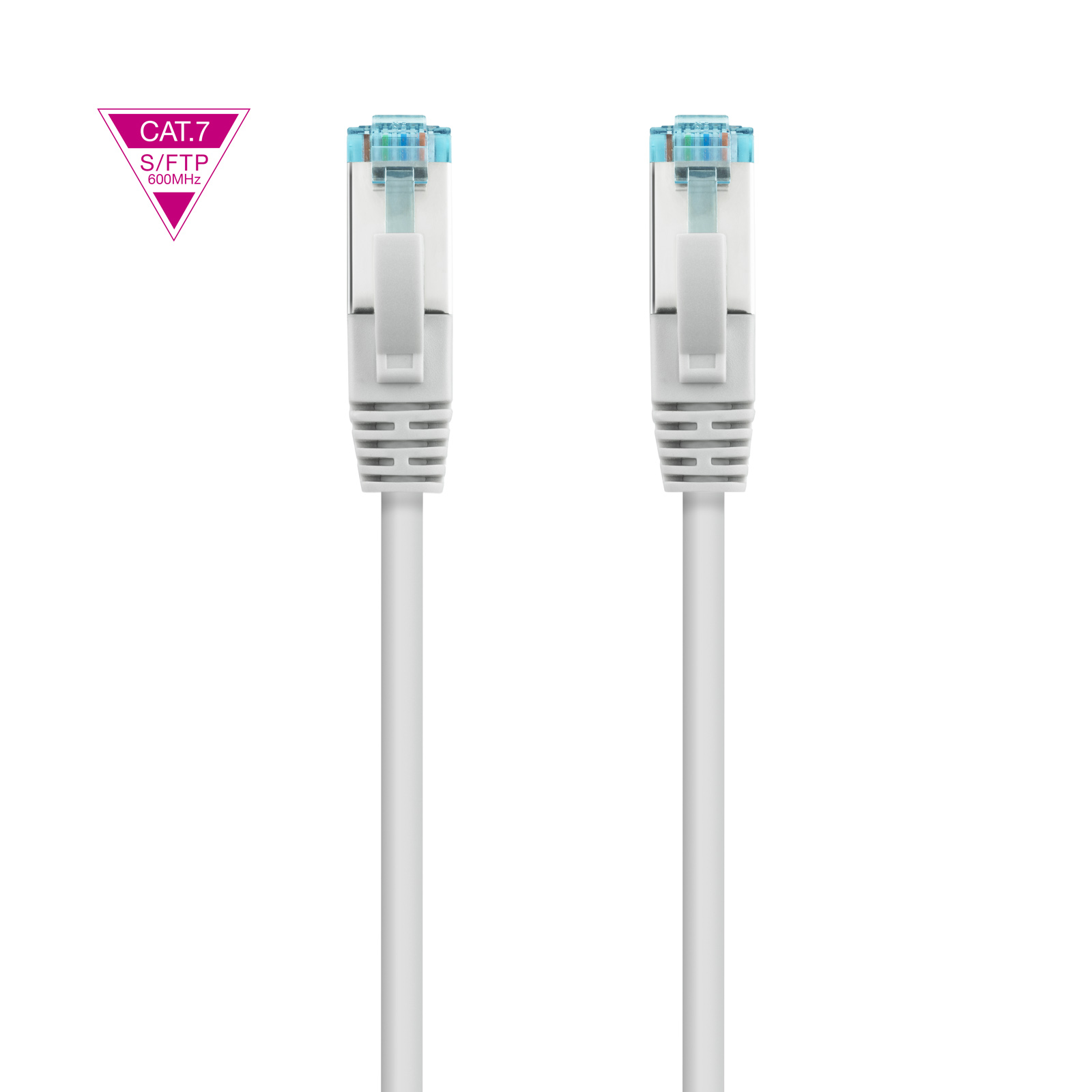 Twee witte netwerkkabels met blauwe connectoren en een CAT.7 S/FTP label op een witte achtergrond.