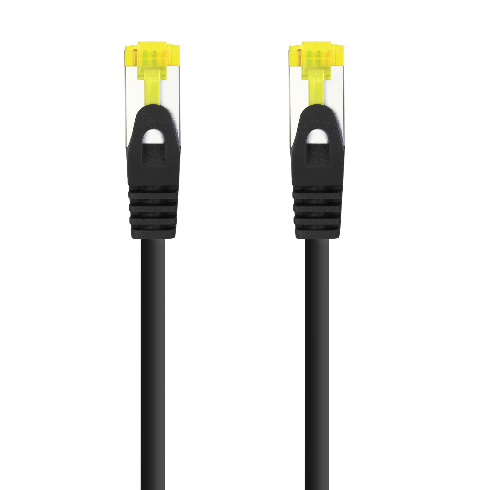 Twee zwarte Ethernet-kabels met gele connectoren.