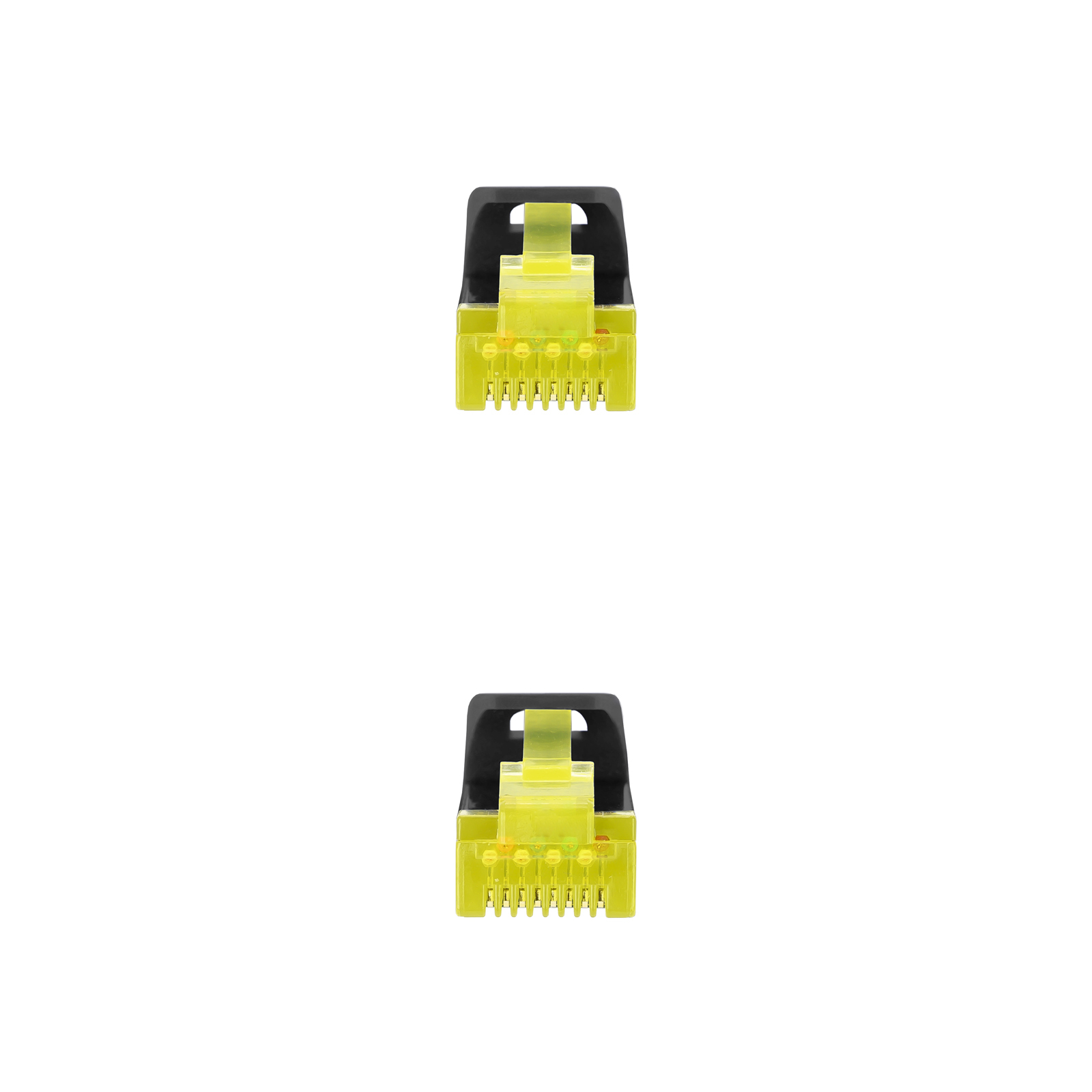 Twee ethernet connectoren met gele en zwarte details, witte achtergrond.