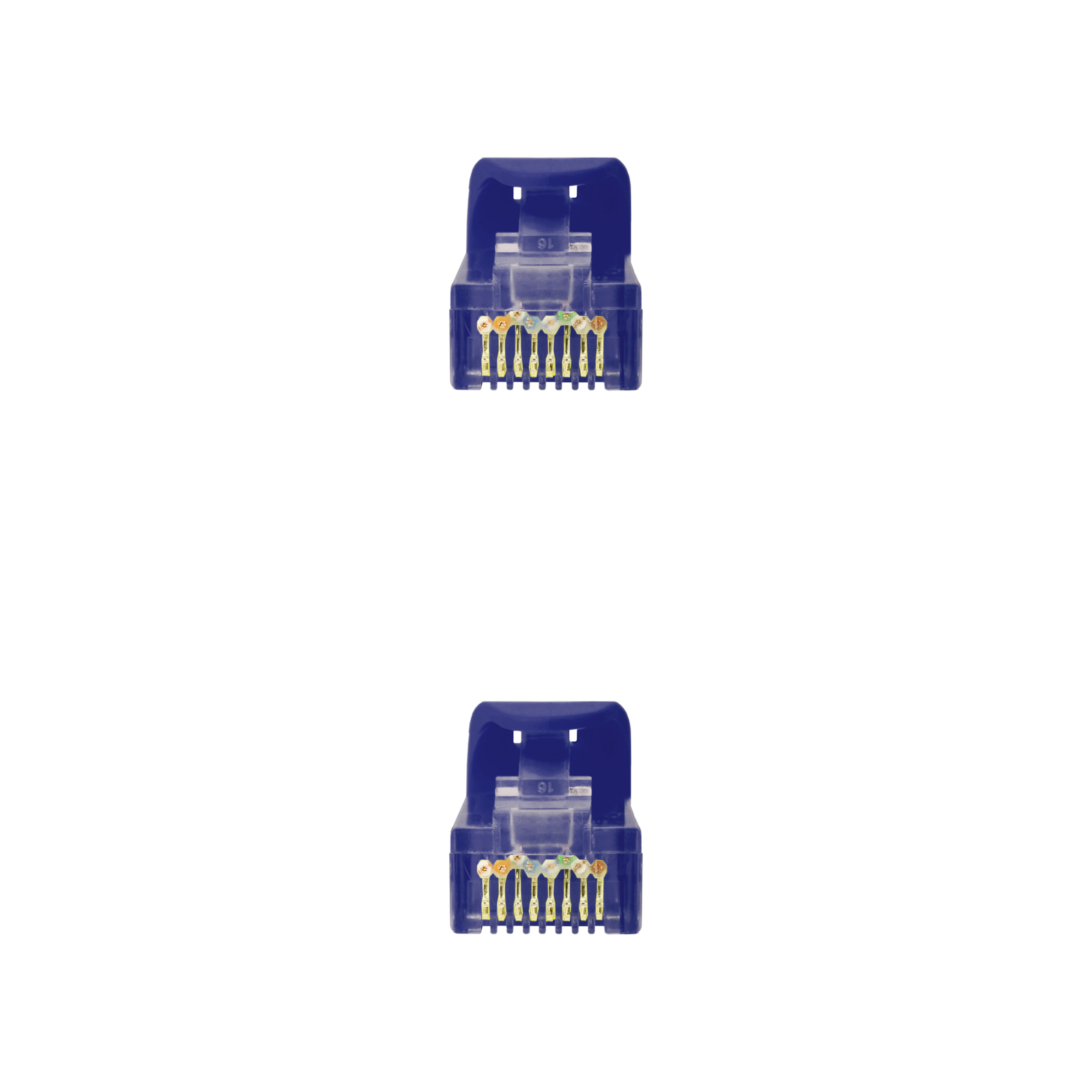 Twee blauwe RJ45-connectoren. Ze hebben gouden pinnen en een blauwe kunststof behuizing. Witte achtergrond.