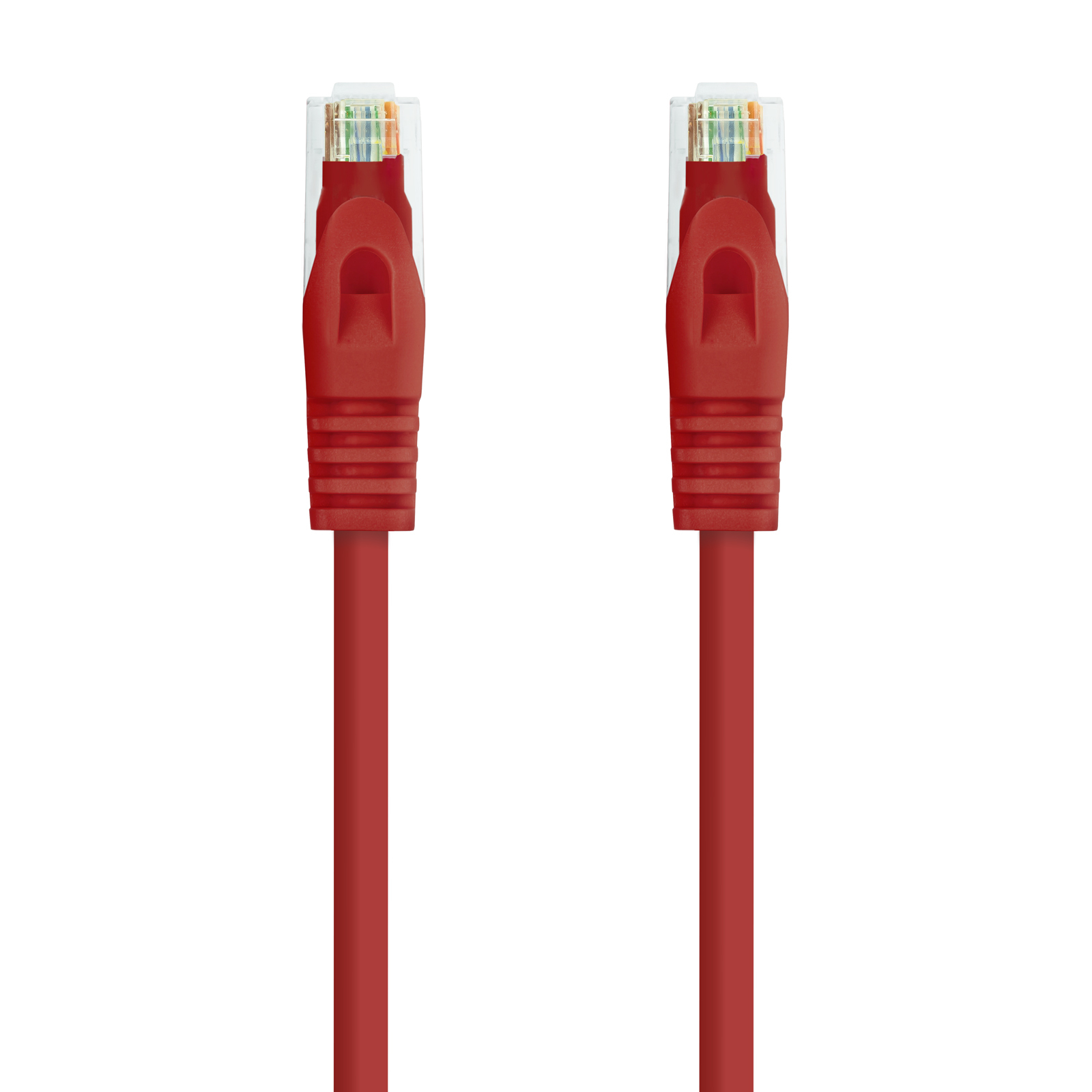 Twee rode ethernetkabels met transparante connectoren, geïsoleerd op wit. Elke kabel heeft een rode behuizing.