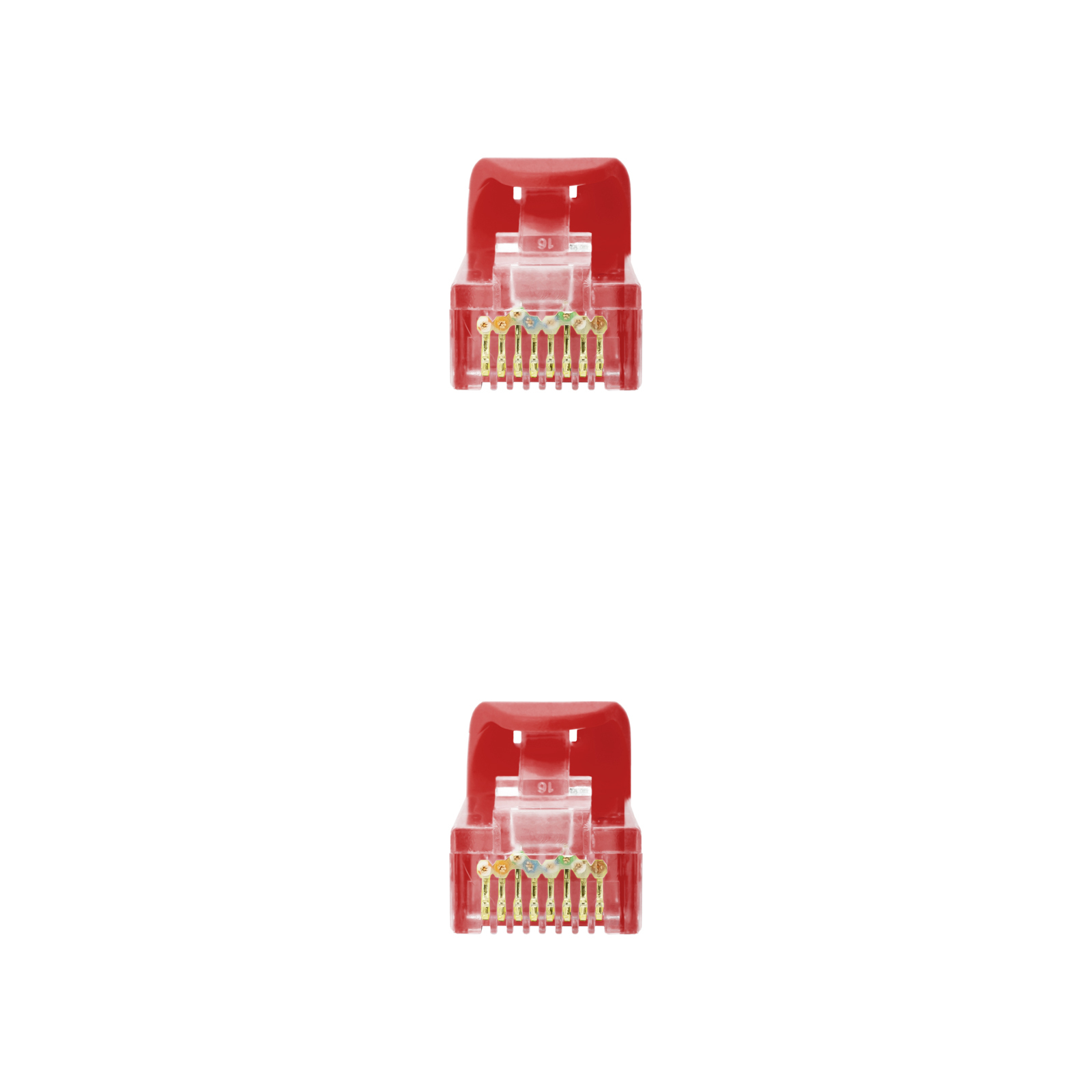 Close-up van twee rode RJ45-connectoren. Witte achtergrond.