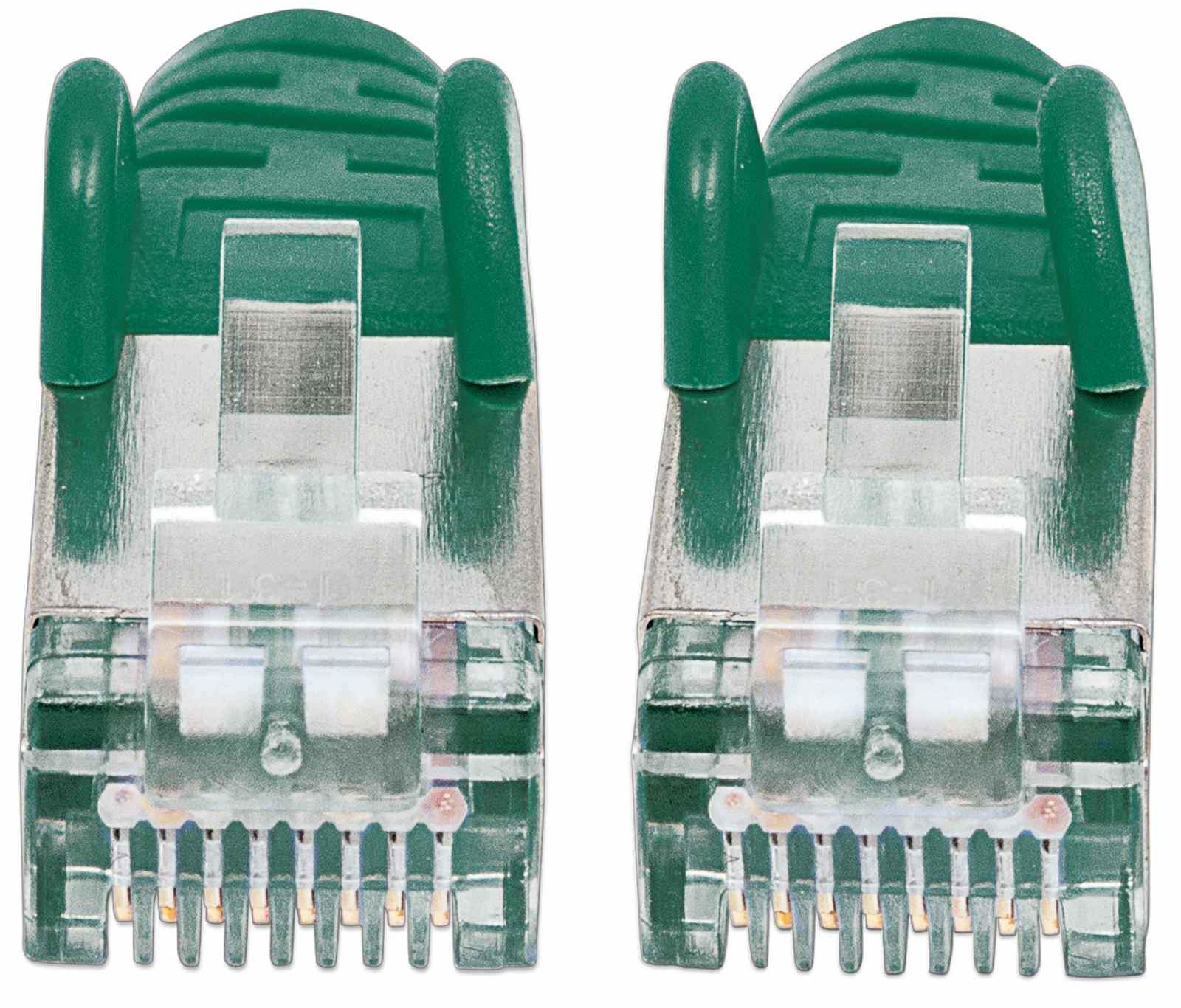 Due connettori RJ45 verdi, plastica trasparente e metallo.
