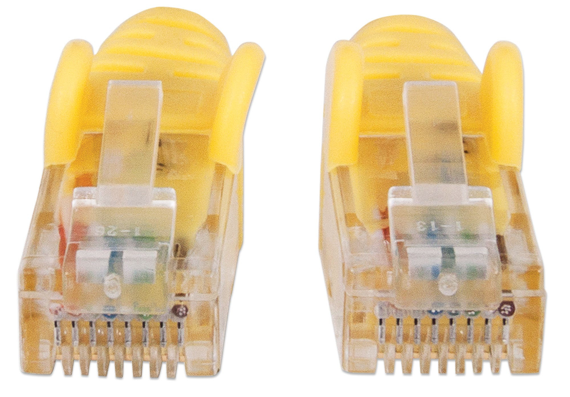 Due connettori RJ45 gialli. Ognuno ha una parte in plastica trasparente e una maniglia in plastica gialla.