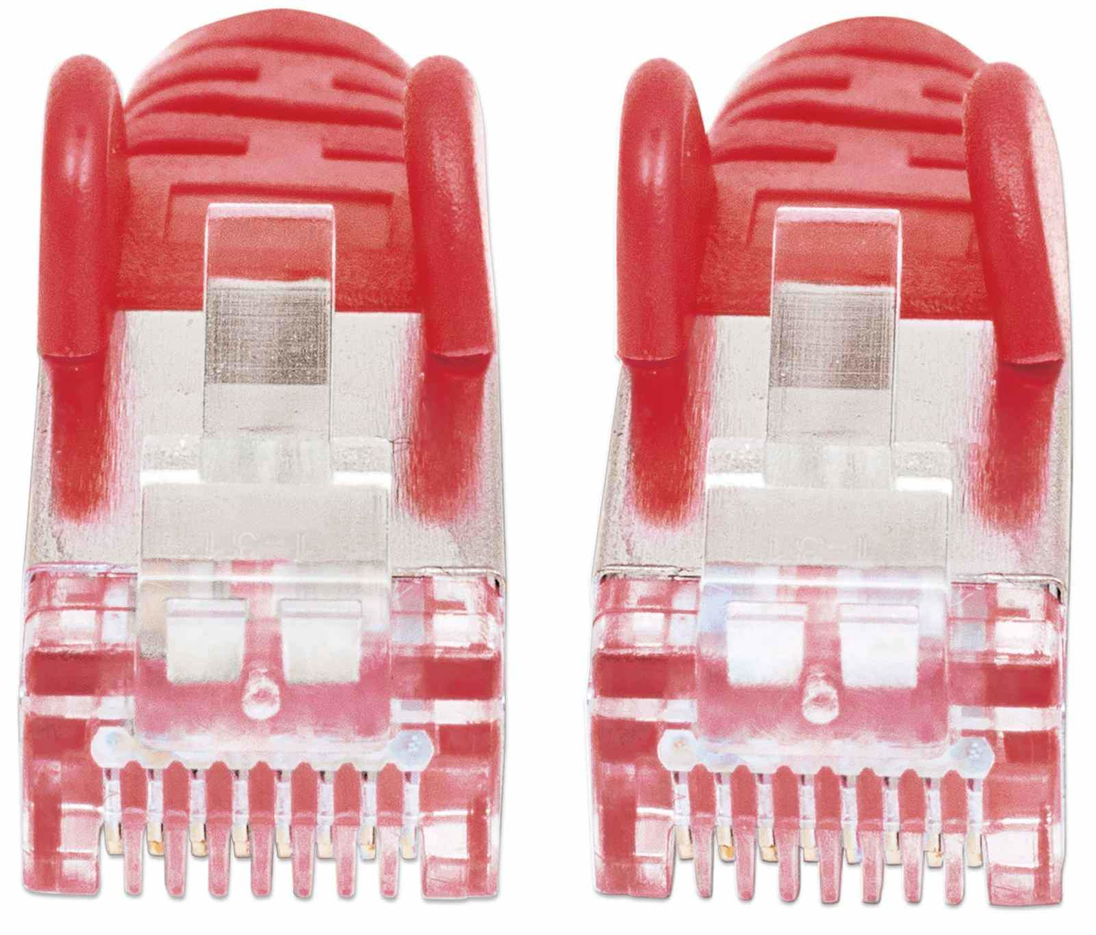 Close-up van twee rode RJ45-connectoren.