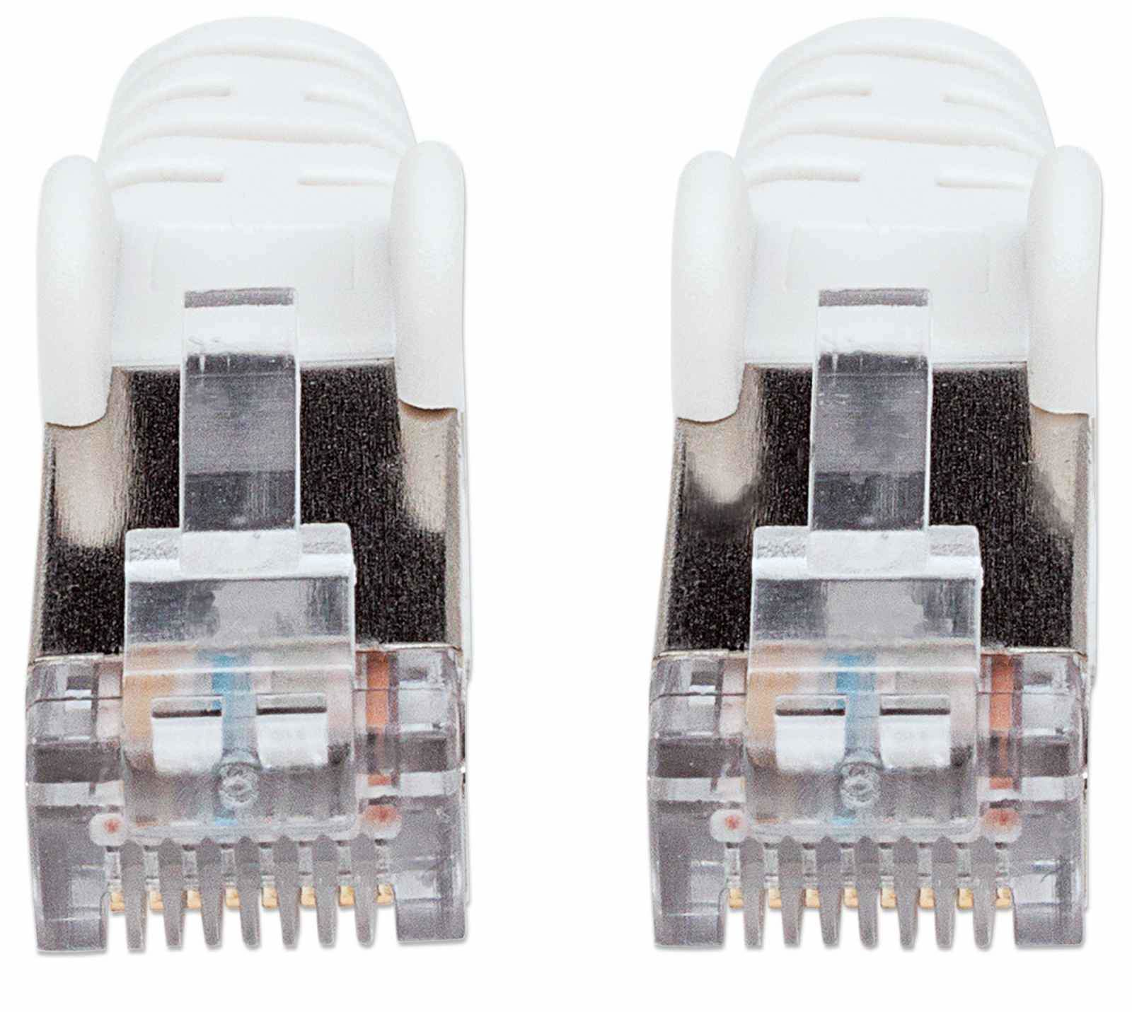 Twee witte RJ45 connectoren, close-up, met de pinnen en het vergrendelingsmechanisme.