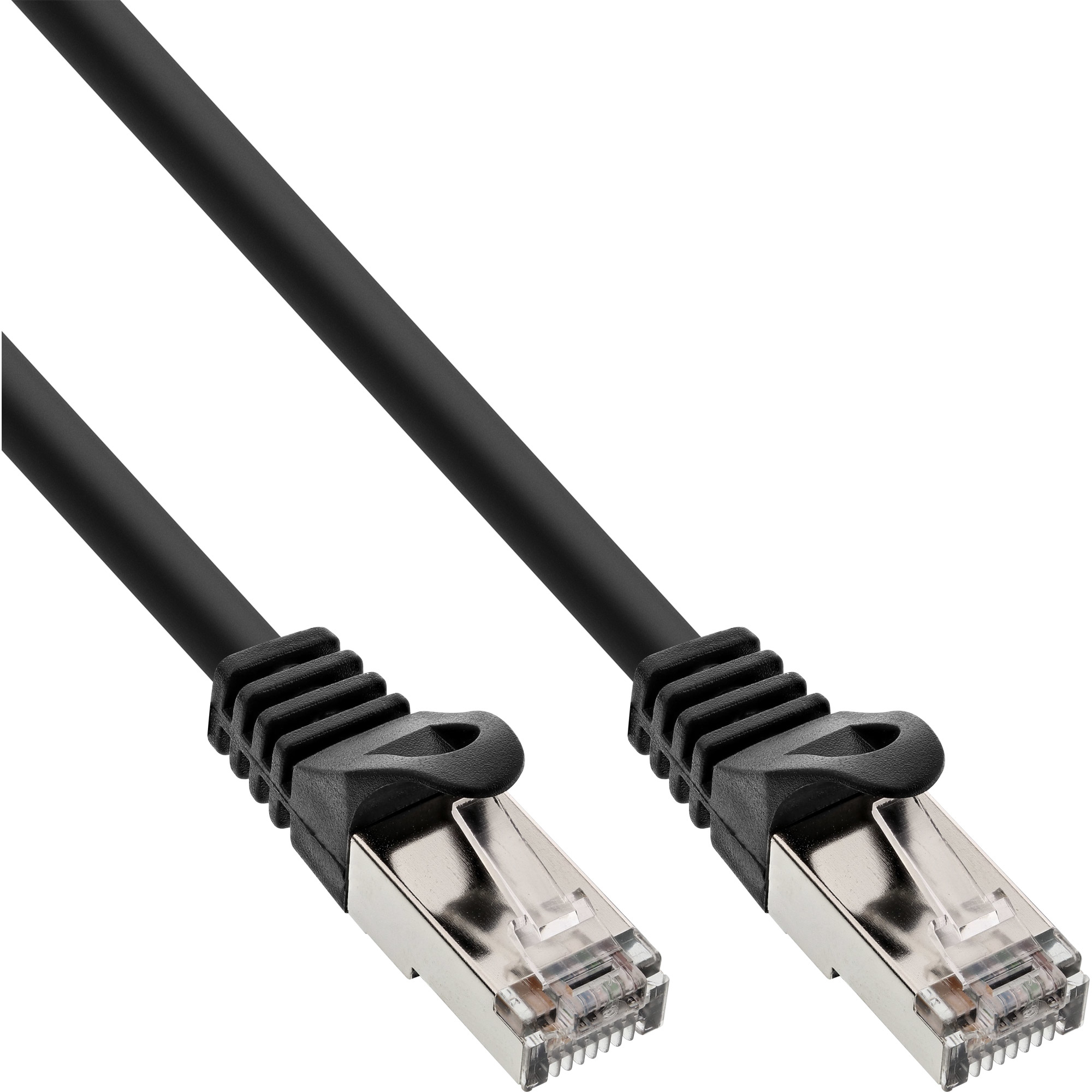 Due cavi di rete neri con connettori metallici, pronti per il trasferimento dati.
