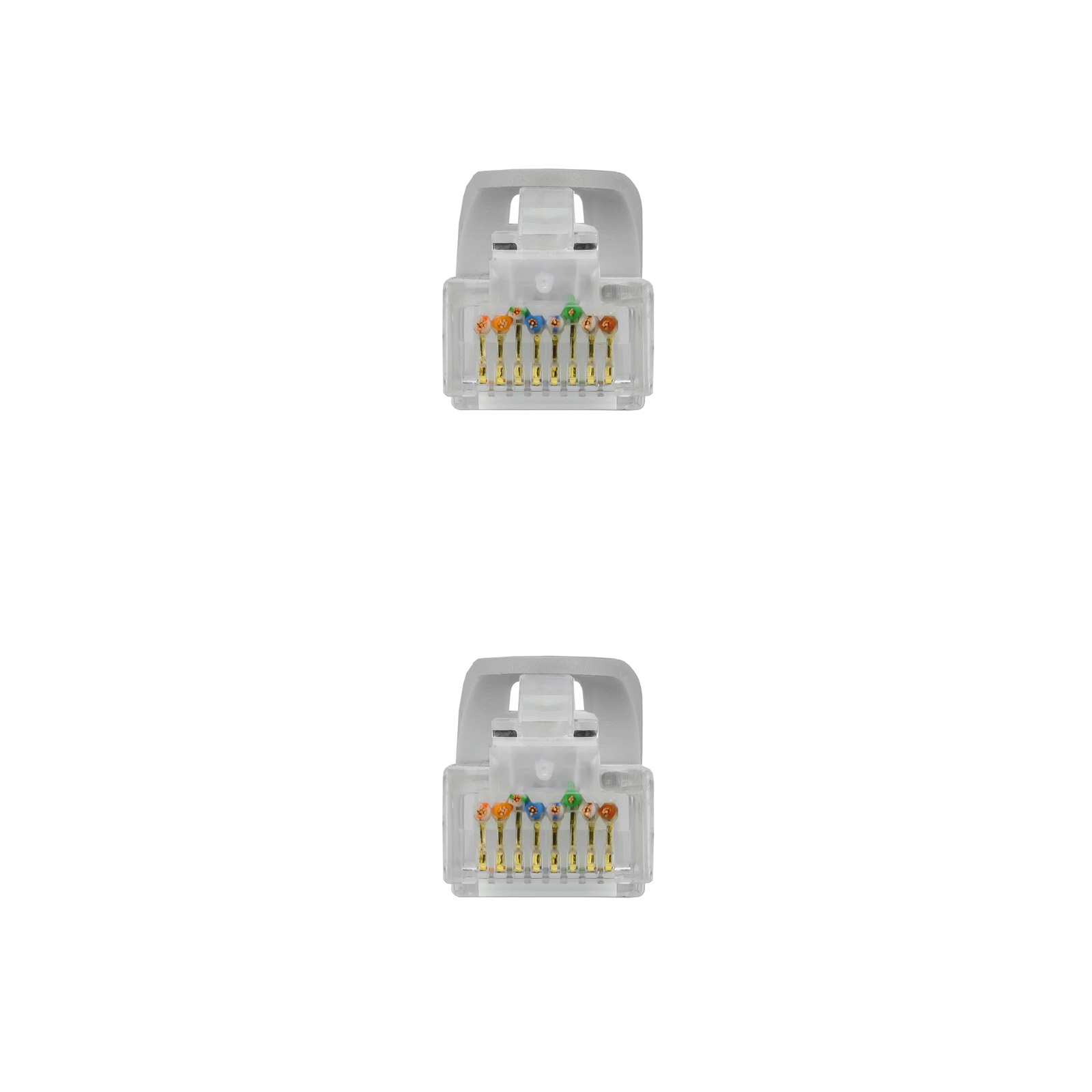 Two transparent RJ45 connectors, showing internal wires. Clear plastic with gold colored pins.