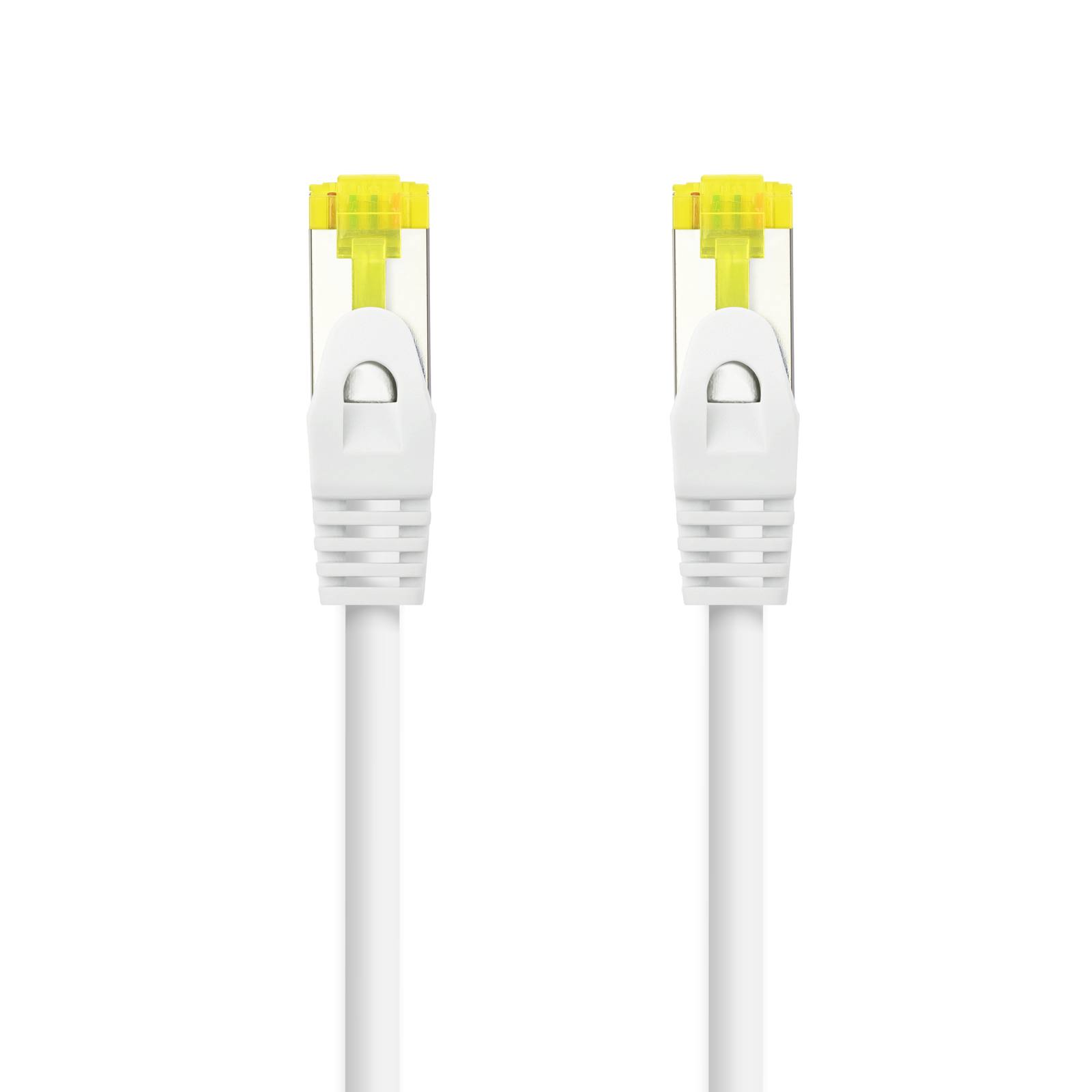 Twee witte netwerkkabels met gele connectoren.