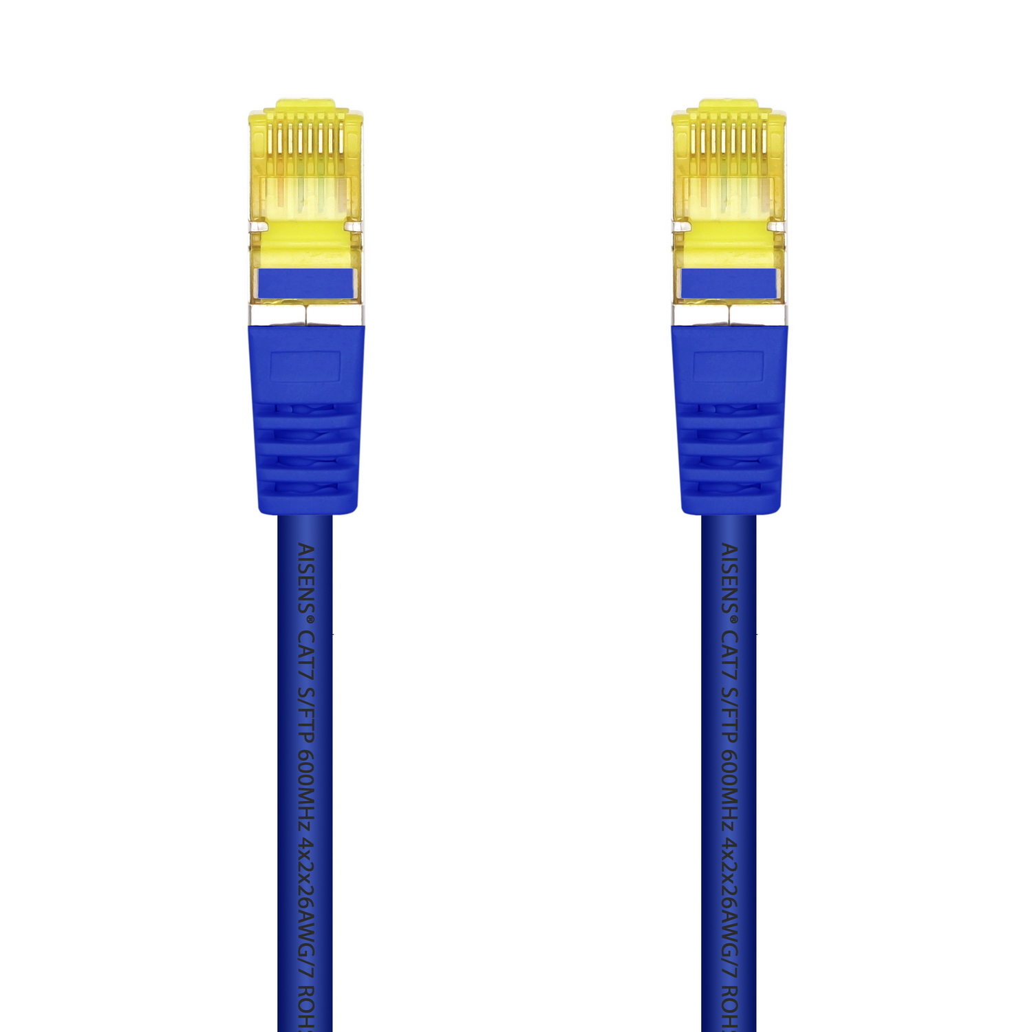 Twee blauwe Ethernet-kabels met gele connectoren.