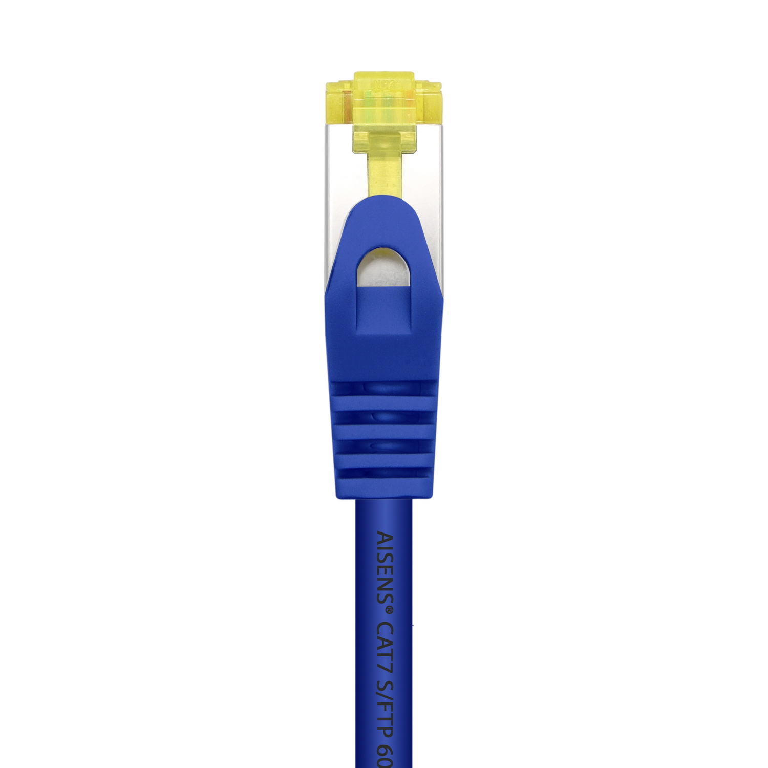 Een blauwe netwerkkabel met een gele connector aan het uiteinde.