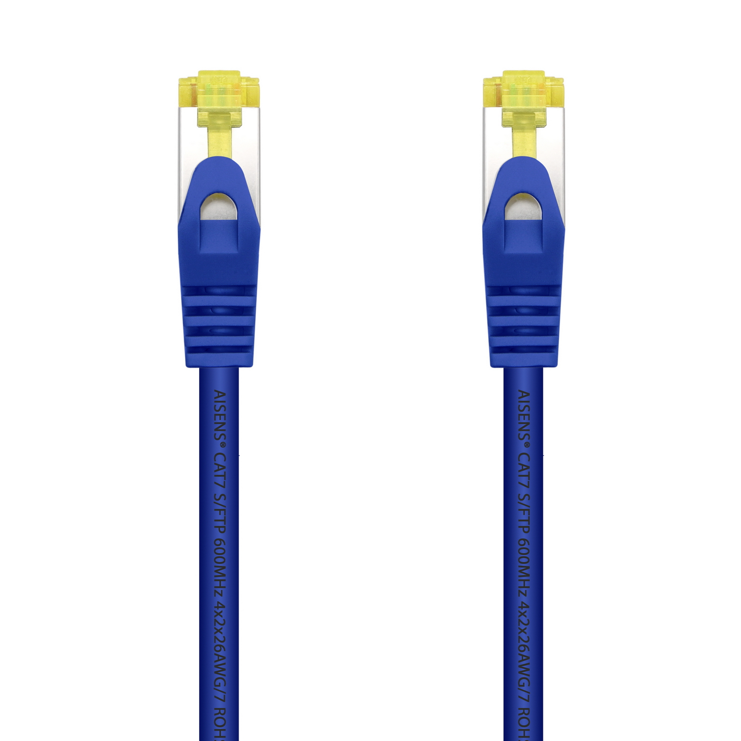 Twee blauwe netwerkkabels met gele connectoren, naast elkaar.