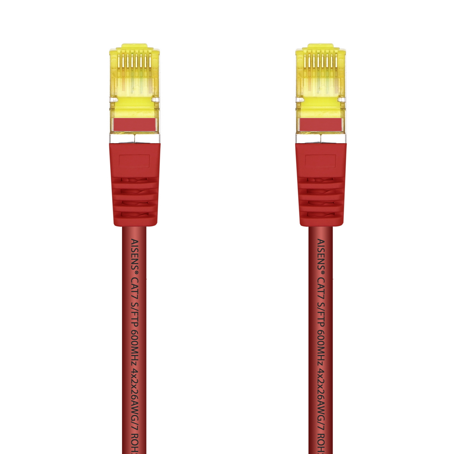 Two red network cables with yellow connectors. Text on the cables.