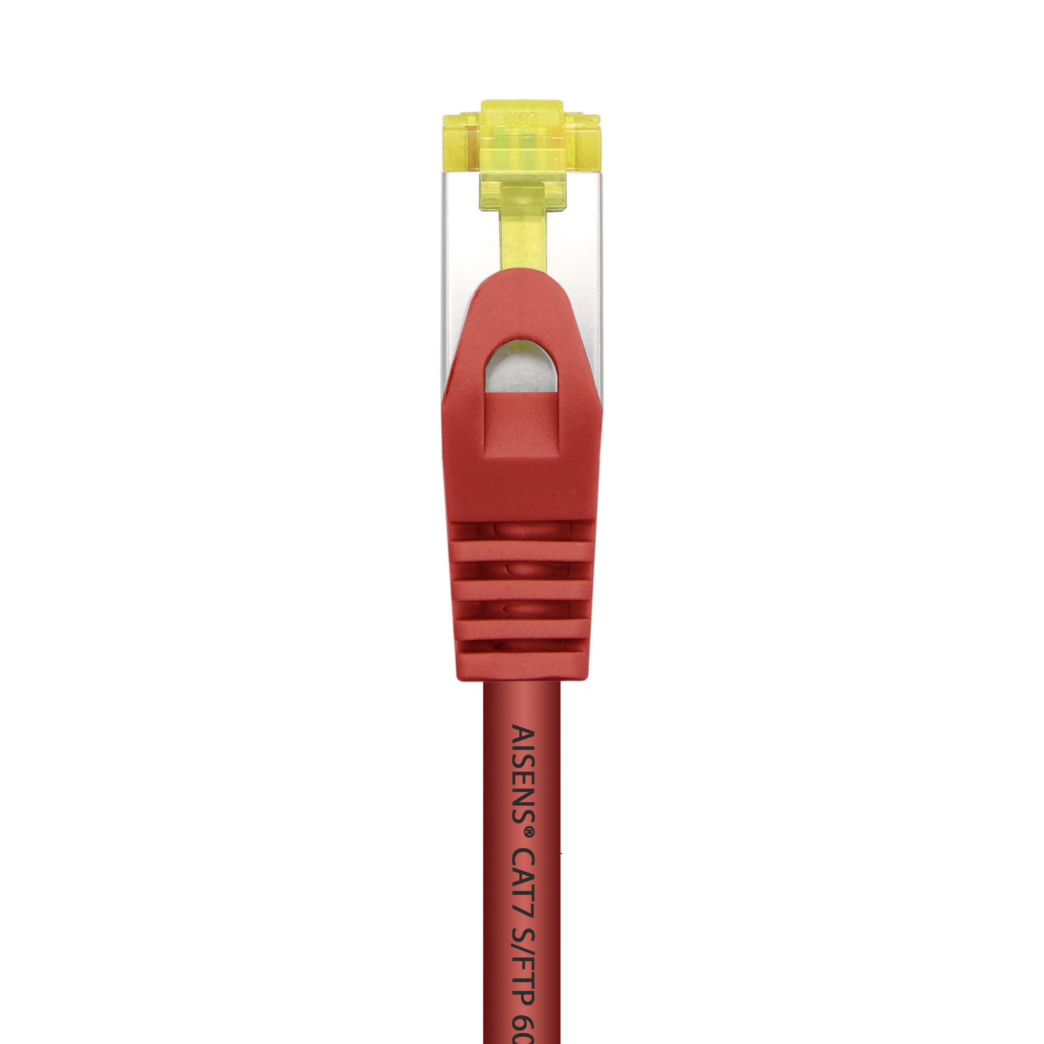 Red Ethernet cable connector with a transparent plastic cover at the end.
