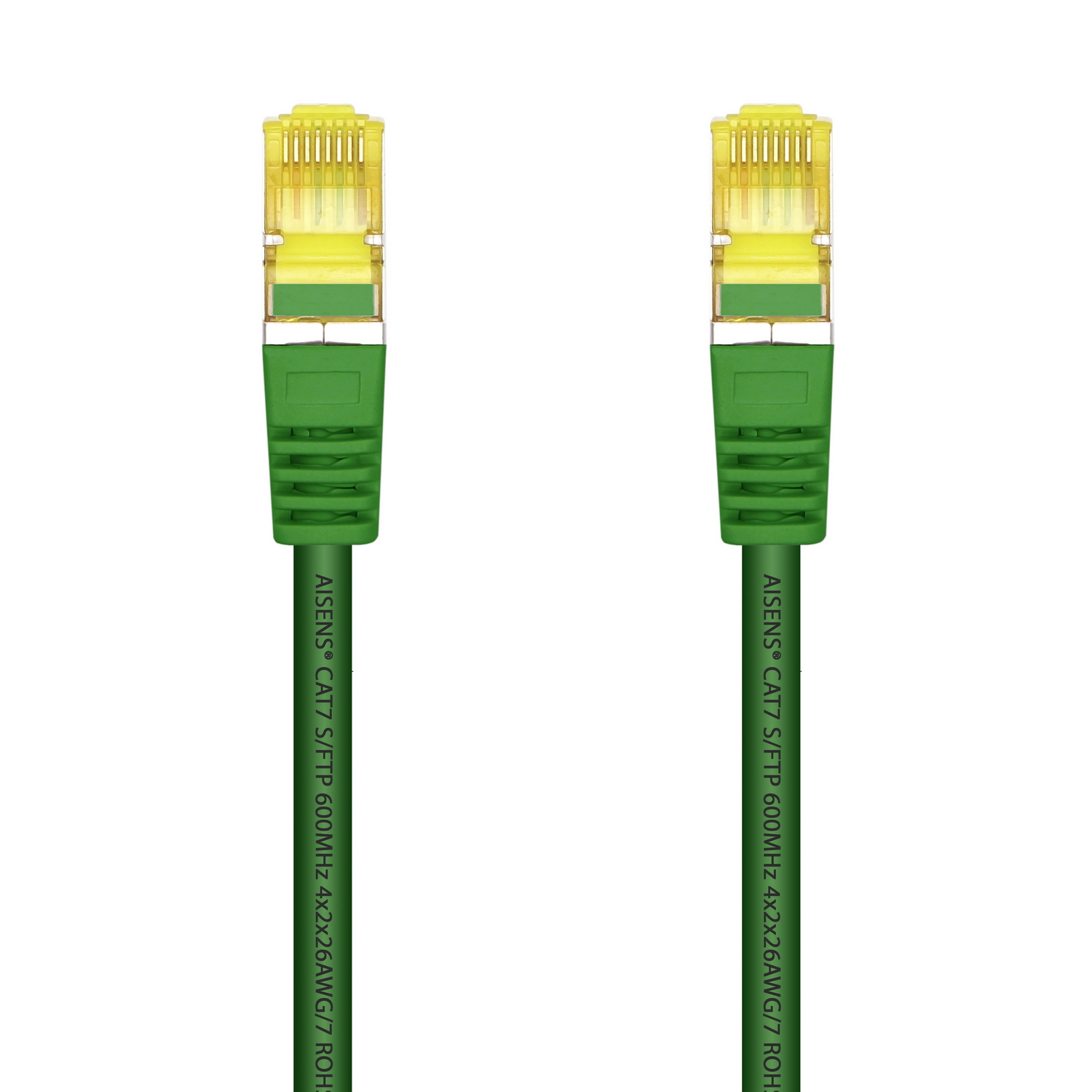 Dwa zielone kable Ethernet z żółtymi złączami, na białym tle. Każdy kabel ma zielony korpus.