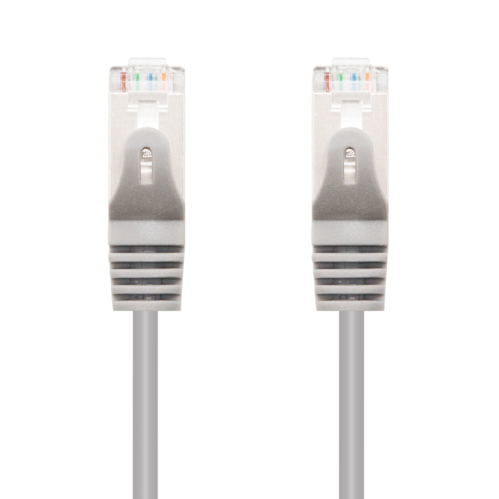 Two grey network cables with transparent ends against a white background. They are CAT7 cables.