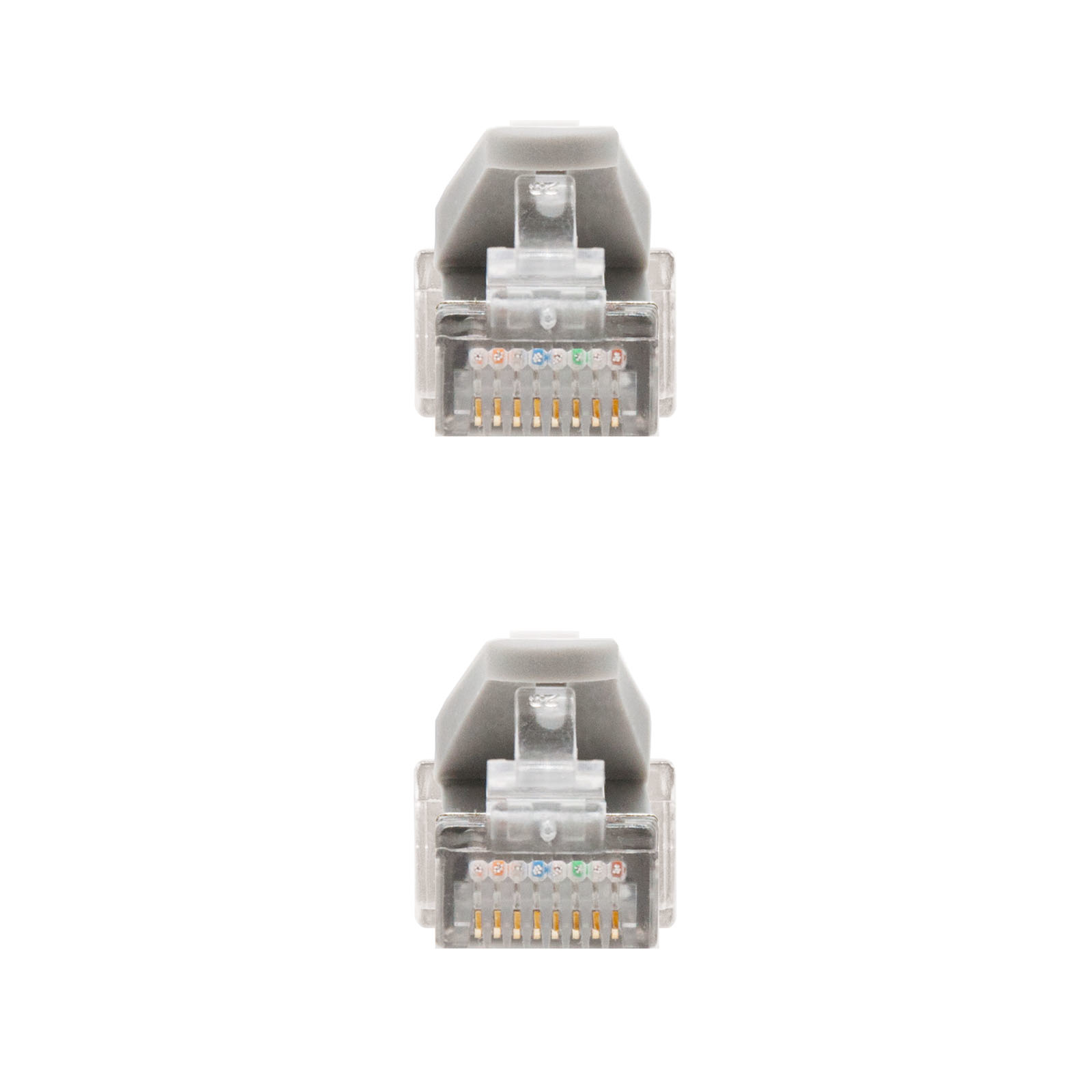 Two RJ45 connectors, grey connectors, with pins visible, on a white background.