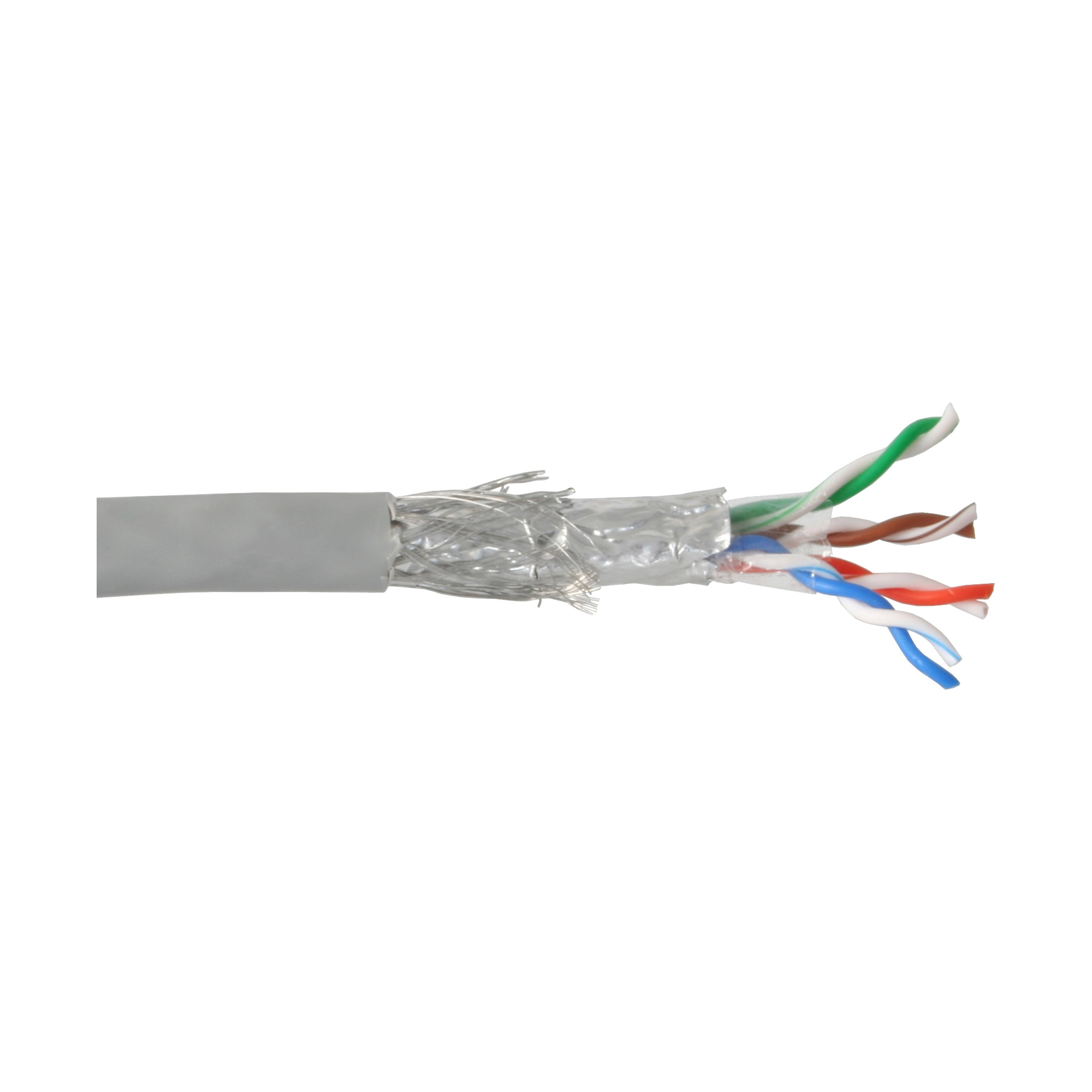 Doorgesneden Ethernet-kabel met blootliggende gekleurde draden.