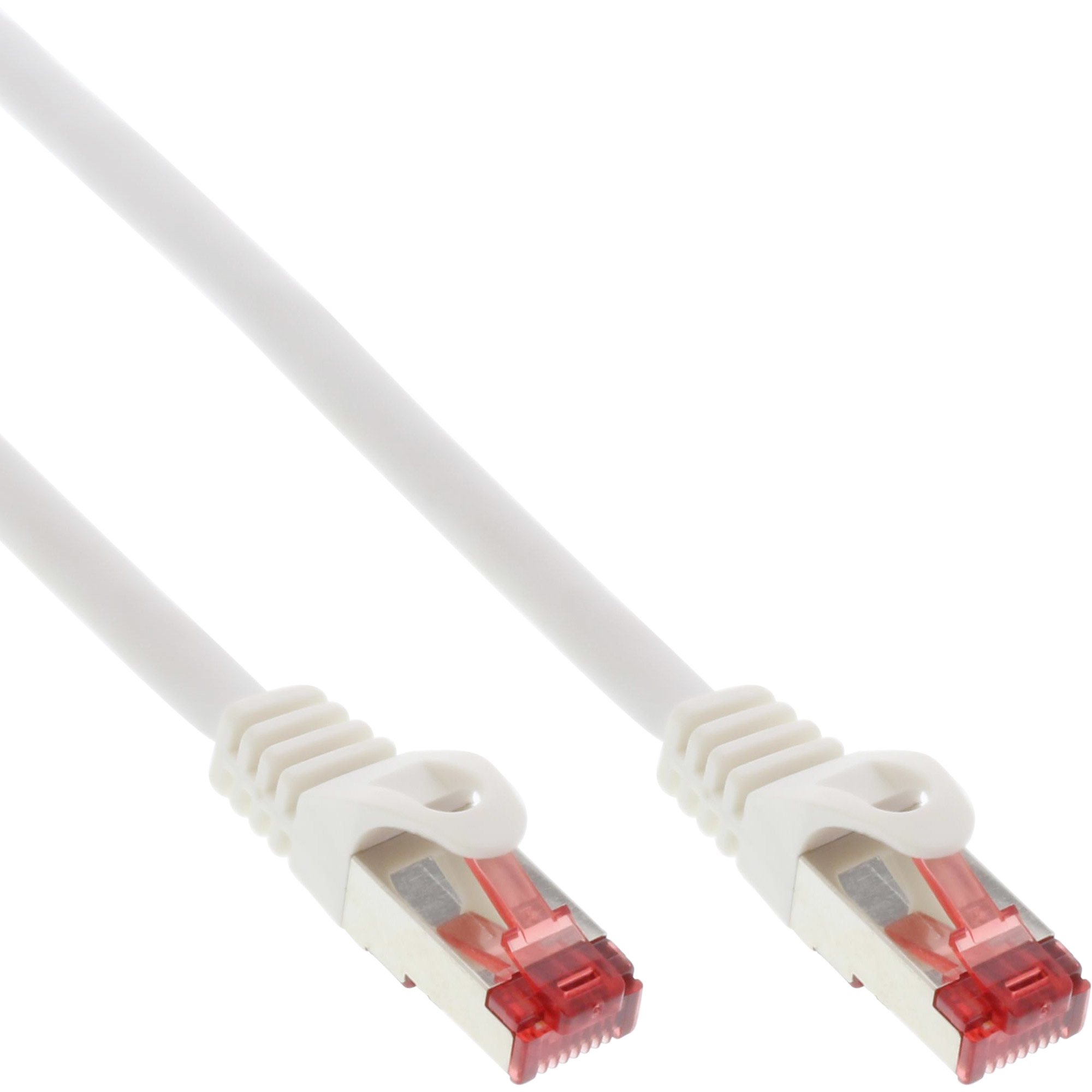 Biały kabel Ethernet z czerwonymi złączami.