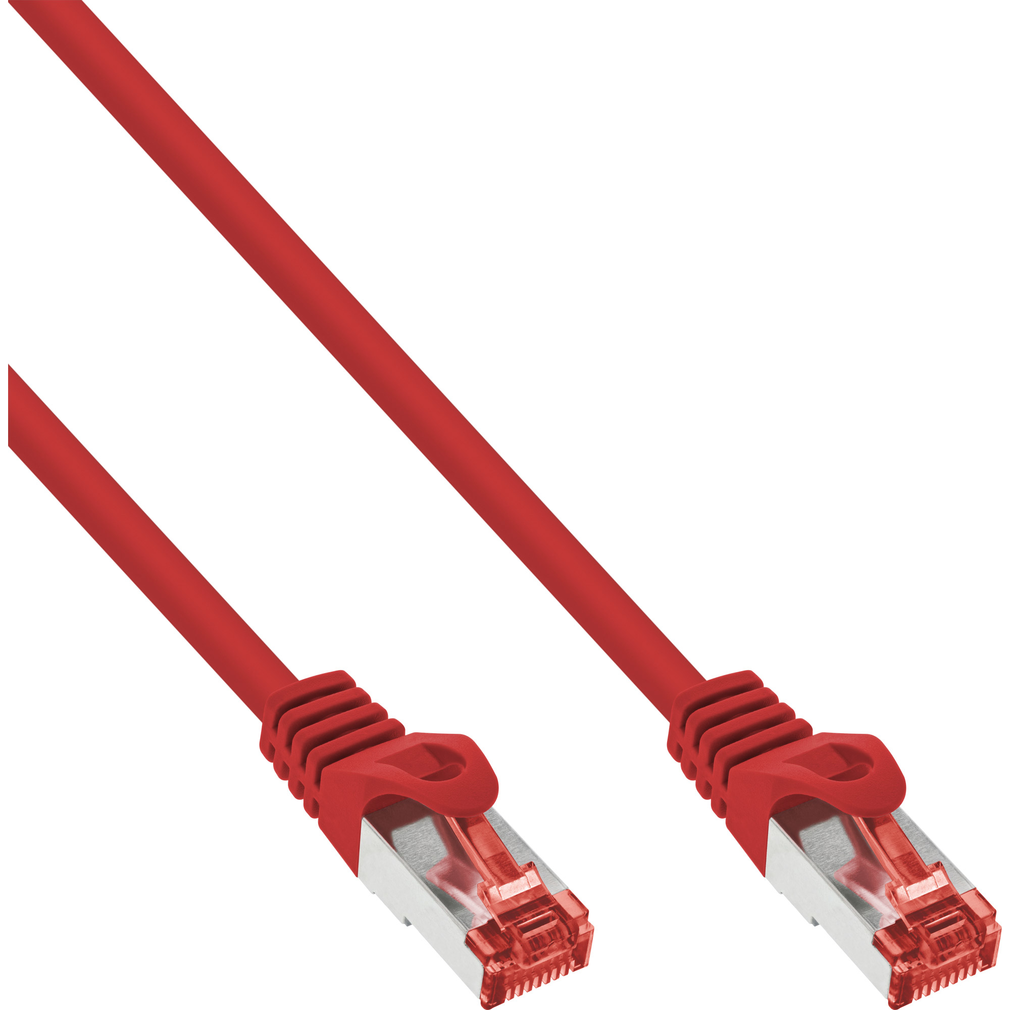 Een rode netwerkkabel met connectoren, geïsoleerd op een witte achtergrond.