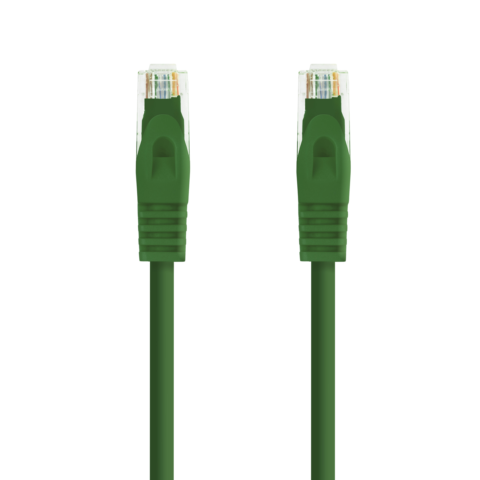 Twee groene Ethernet kabels met groene connectoren.