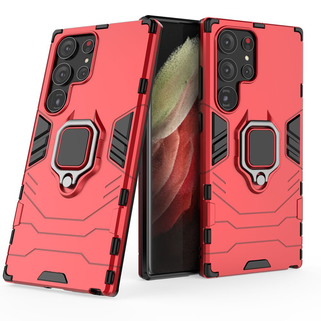 Twee rode telefoonhoesjes met ringhouders, die hun robuuste ontwerp laten zien.