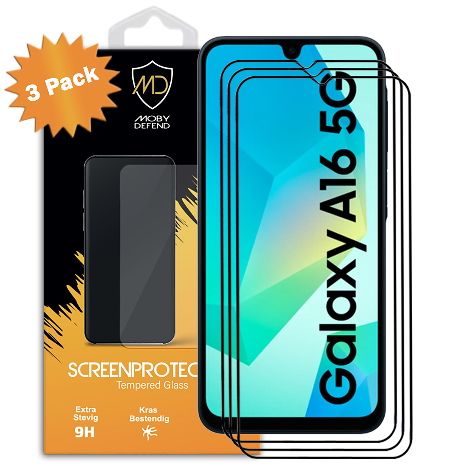 Un pack de vente au détail de trois protections d'écran en verre trempé pour un Galaxy A16 5G.