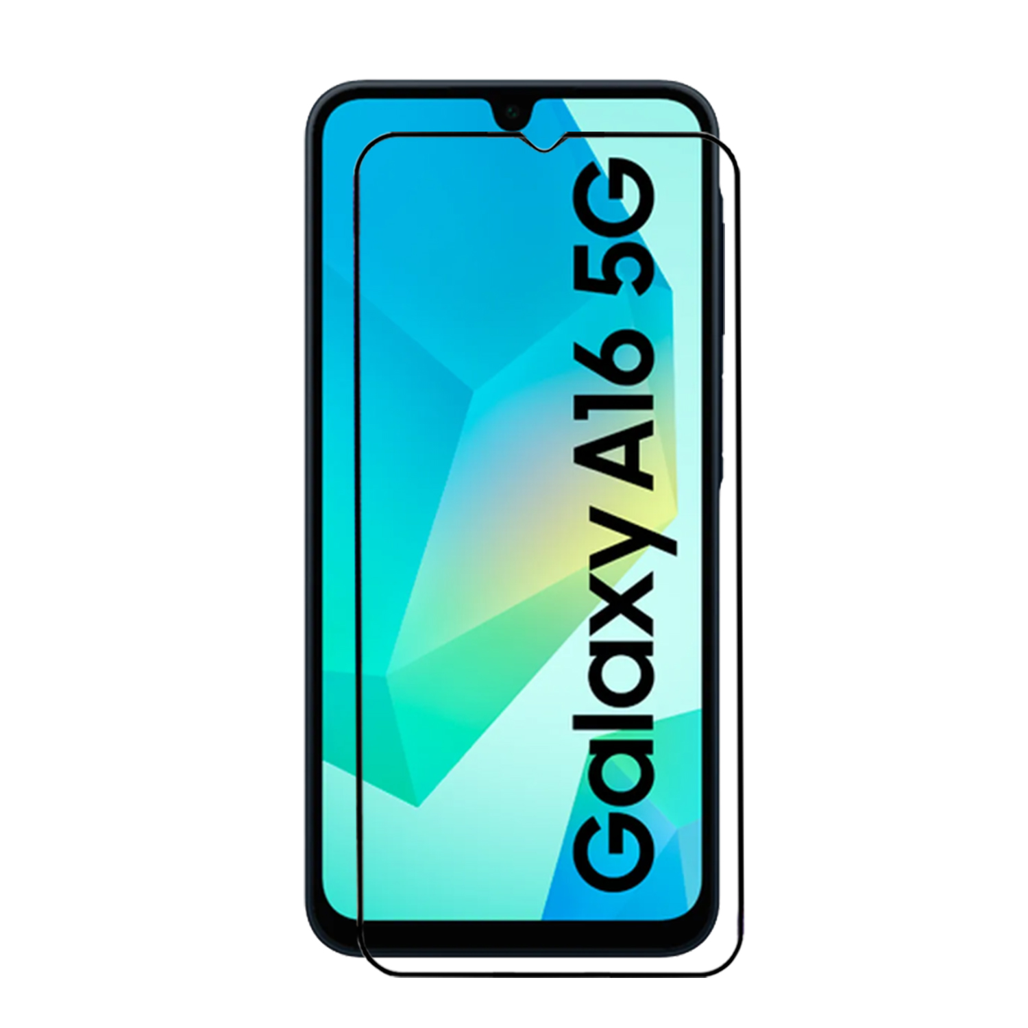 Een zwarte schermbeschermer voor een Galaxy A16 5G-telefoon. De beschermer staat op een witte achtergrond.