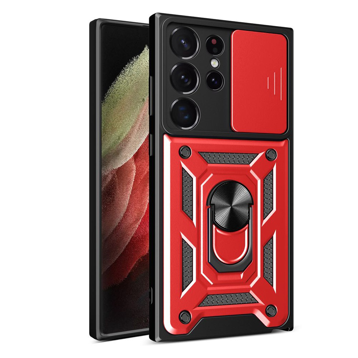 Un étui de téléphone rouge et noir avec un support de bague et un cache pour l'appareil photo.