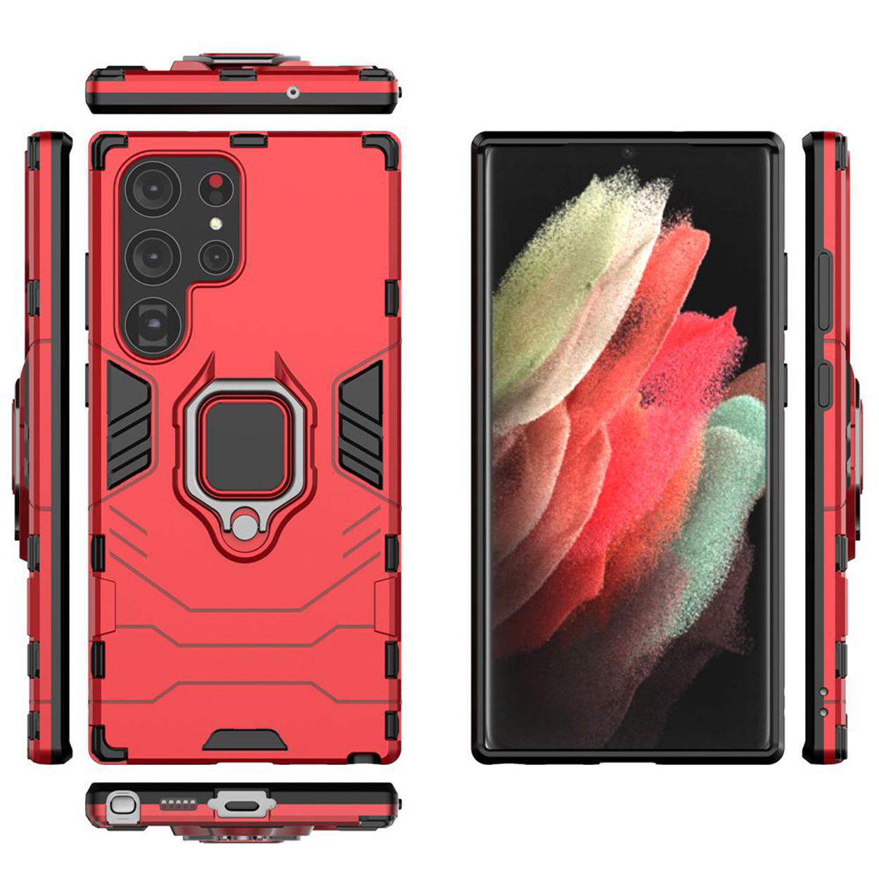Een rode telefoonhoes met een ringhouder en een telefoon. Het scherm toont een kleurrijke afbeelding.