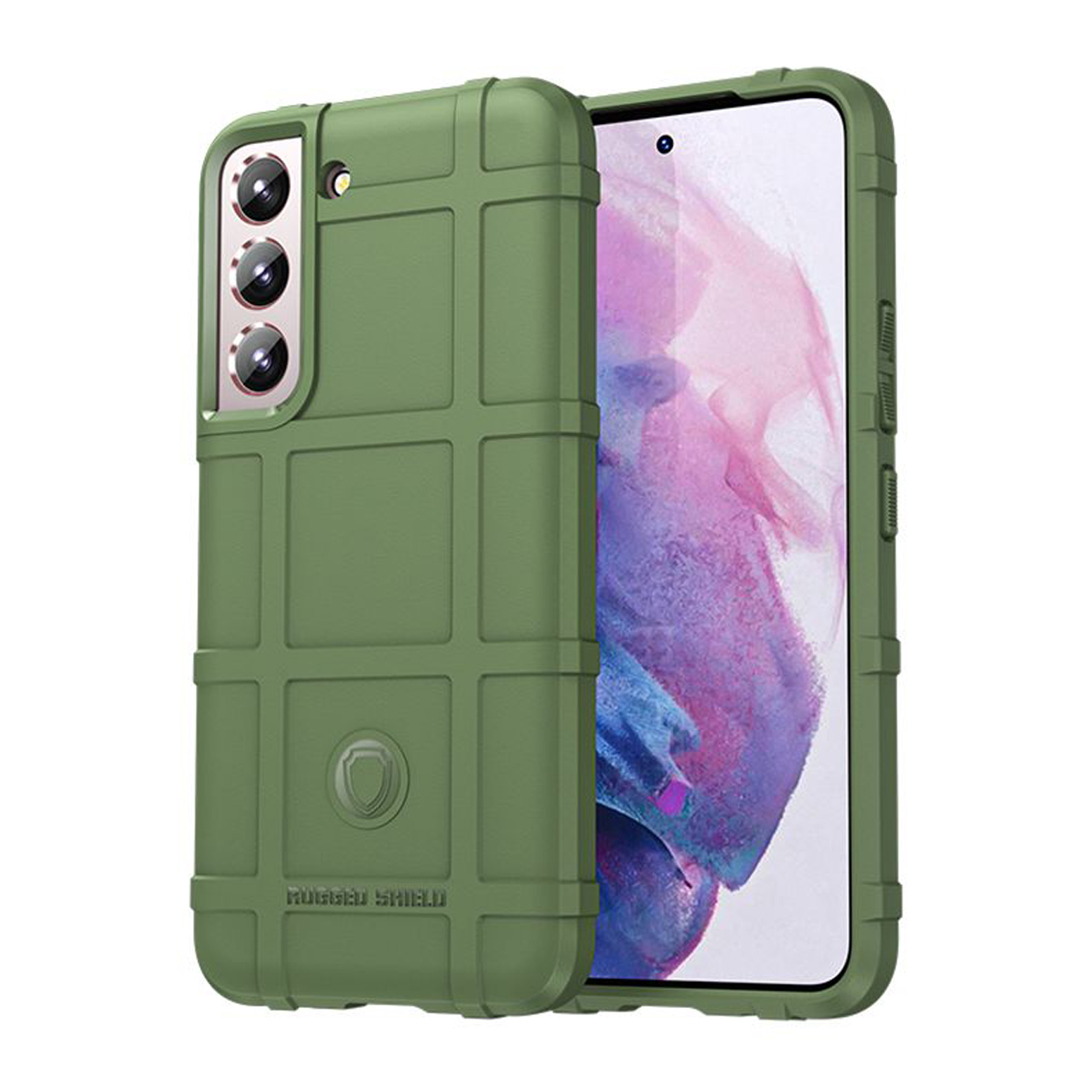 Groene telefoonhoes. Rechterkant toont scherm. Rugged Shield logo onderaan.