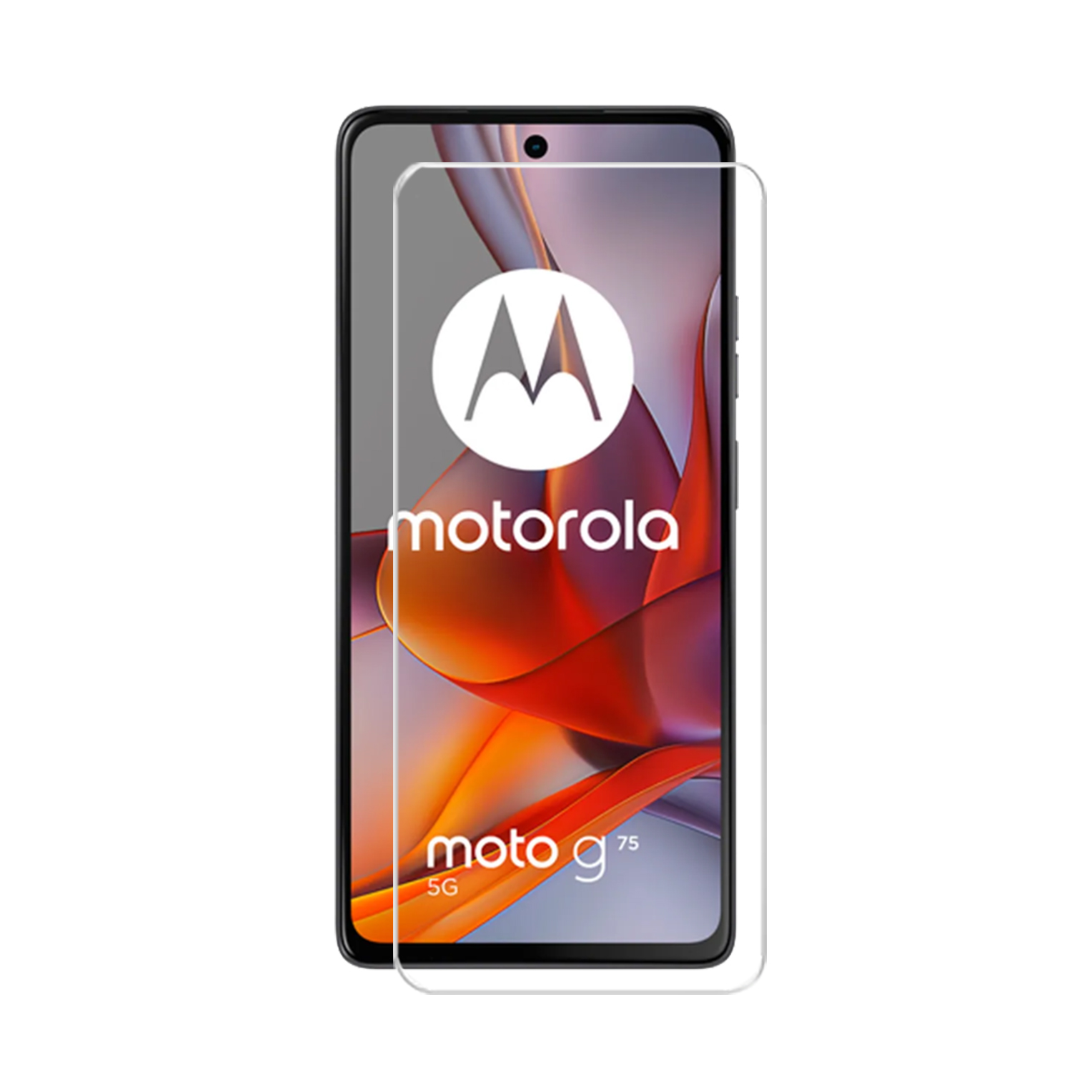 Téléphone Motorola Moto G75 avec protecteur d'écran. L'écran affiche le logo Motorola et le nom du téléphone.