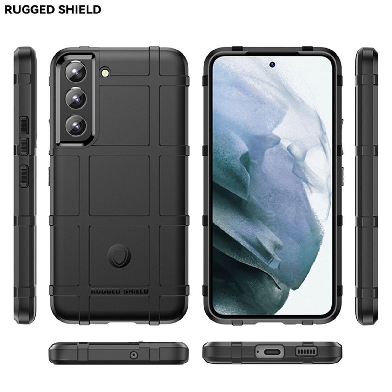 Zwarte telefoonhoes. Telefoonscherm zichtbaar. Rugged Shield onderaan. Zijknoppen zichtbaar.