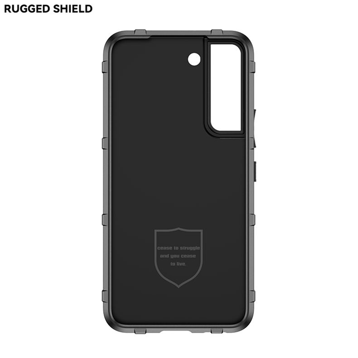 Une coque de téléphone noire robuste. L'étui contient une citation : 'cesse de lutter et tu cesses de vivre'.