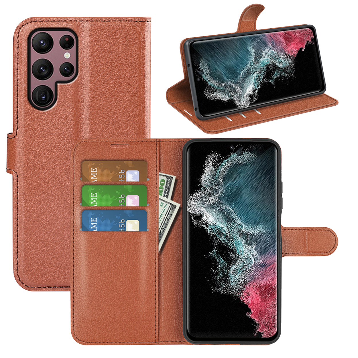 Étui de téléphone avec téléphone et cartes à l'intérieur, cuir marron.