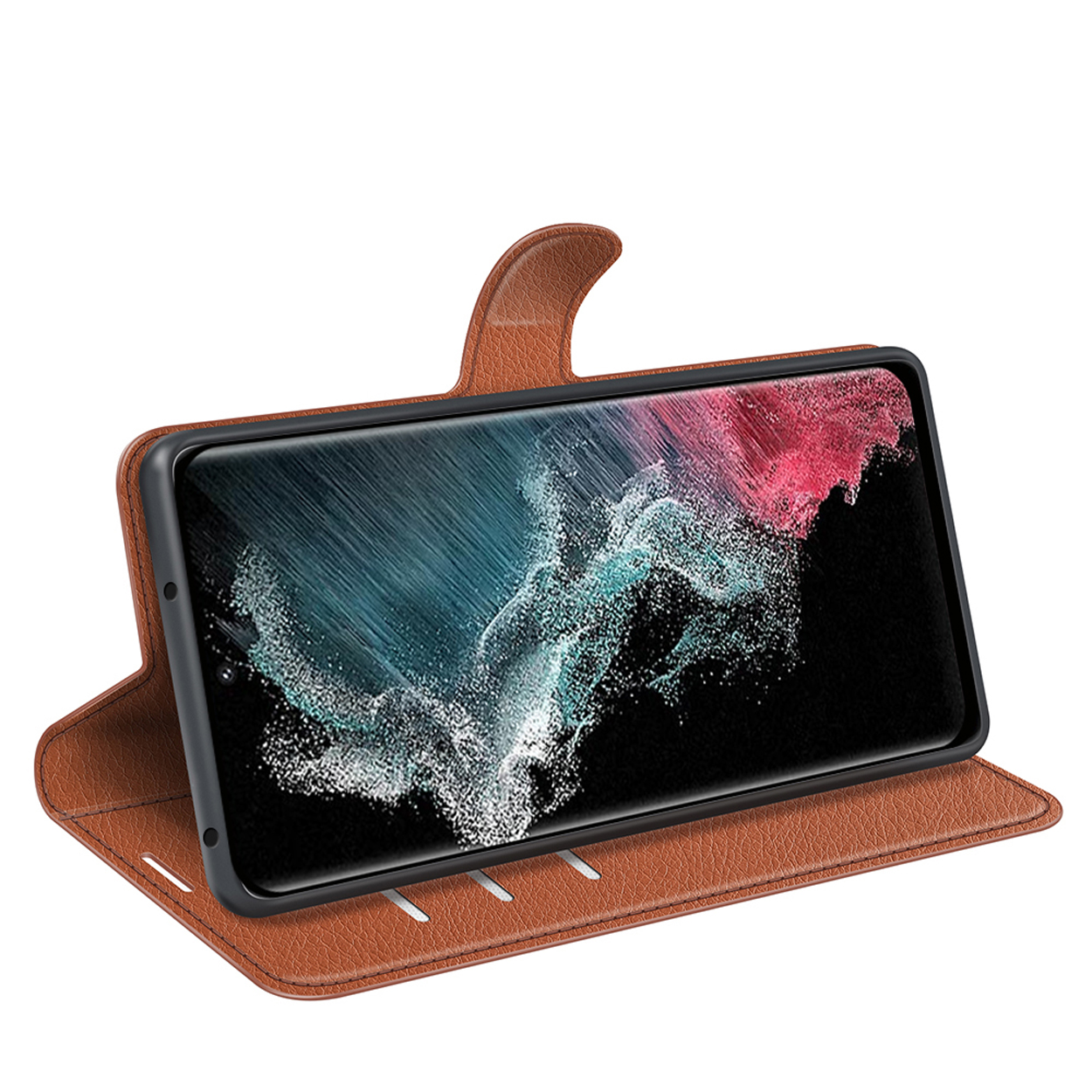Portefeuille de téléphone marron. Téléphone à l'intérieur avec écran. Portefeuille ouvert avec fentes.