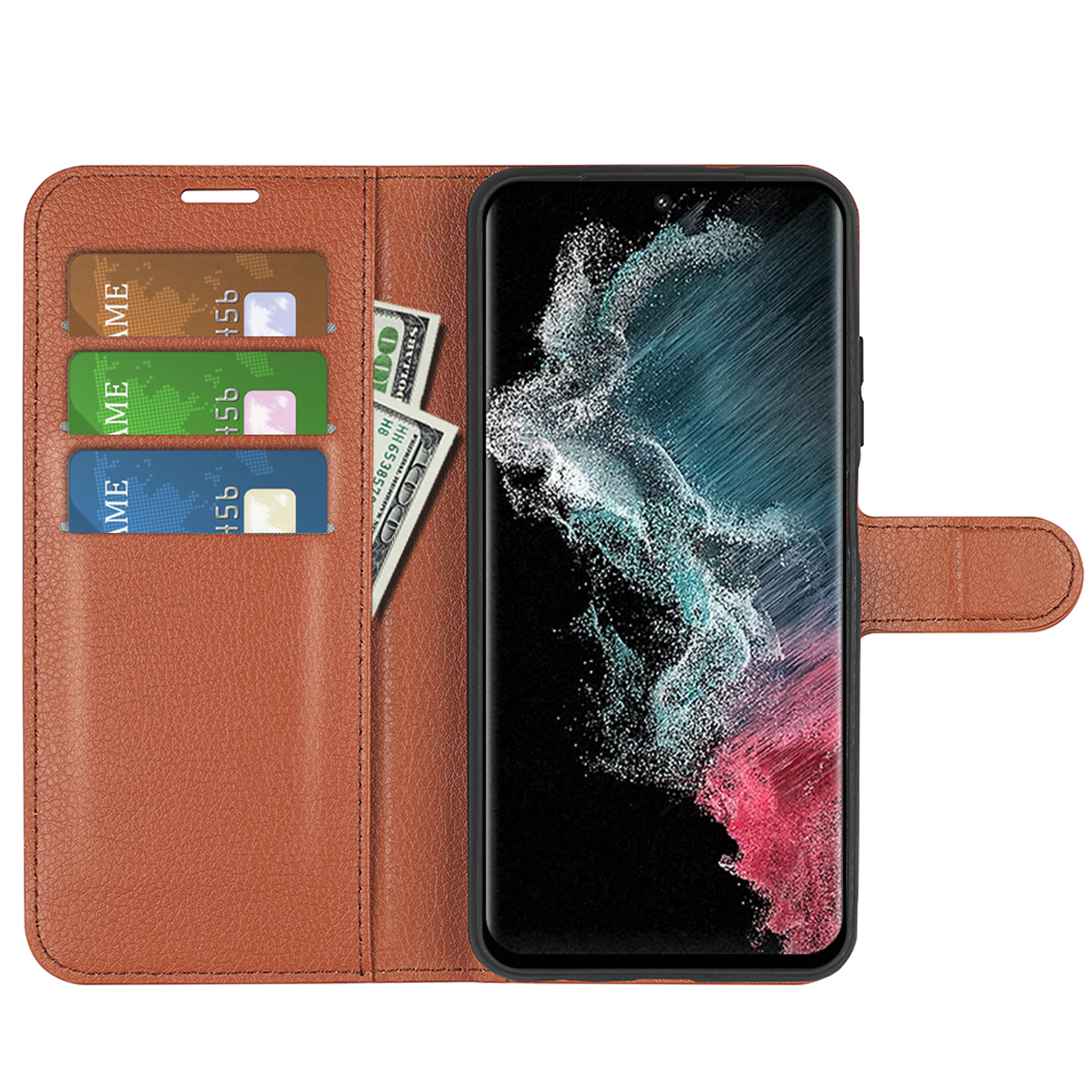Étui de téléphone marron ouvert avec cartes et argent à l'intérieur. Un téléphone est à droite.